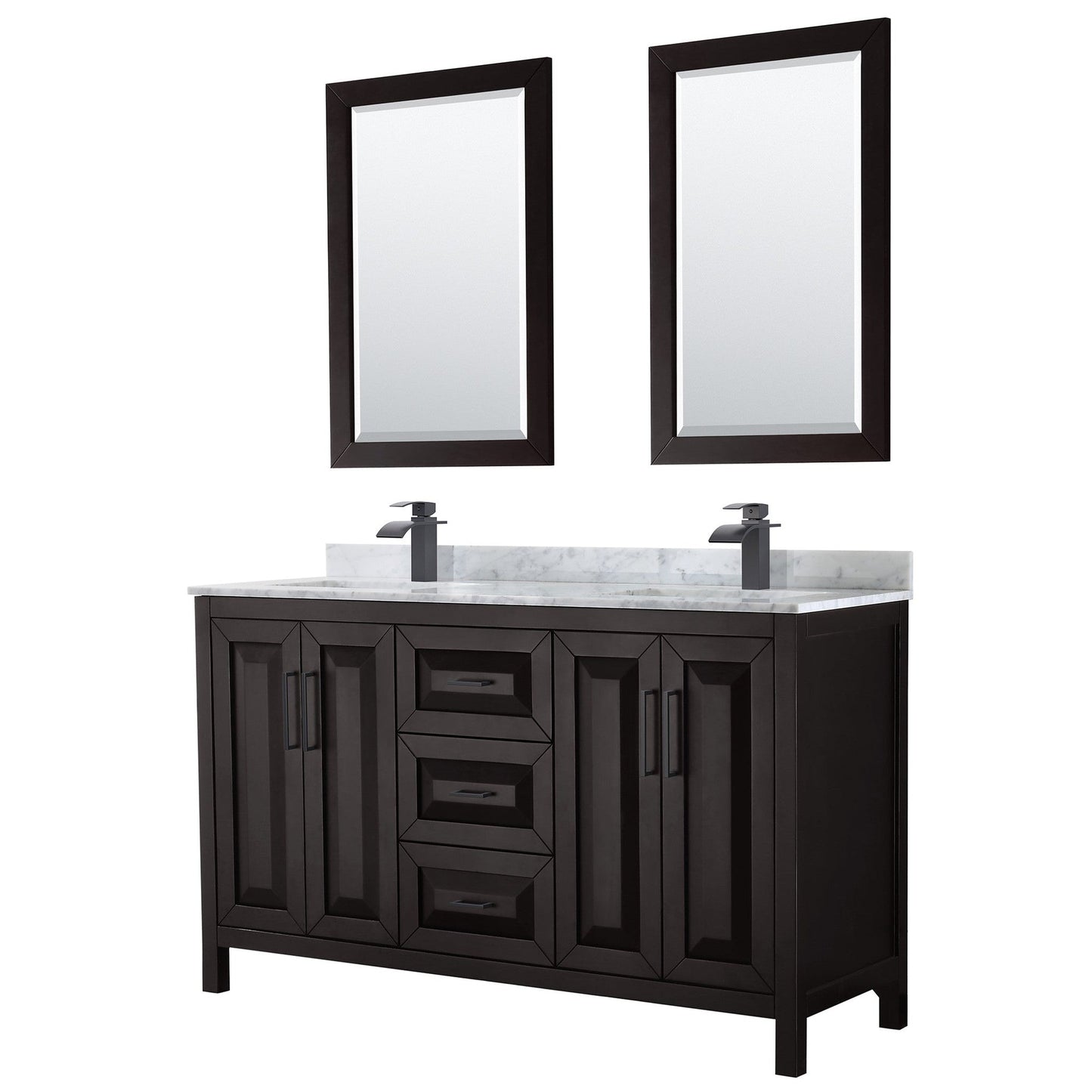 Wyndham Collection Daria 60" Double Bathroom Vanity in Dark Espresso, White Carrara Marble Countertop, Undermount Square Sinks, Matte Black Trim, 24" Mirrors