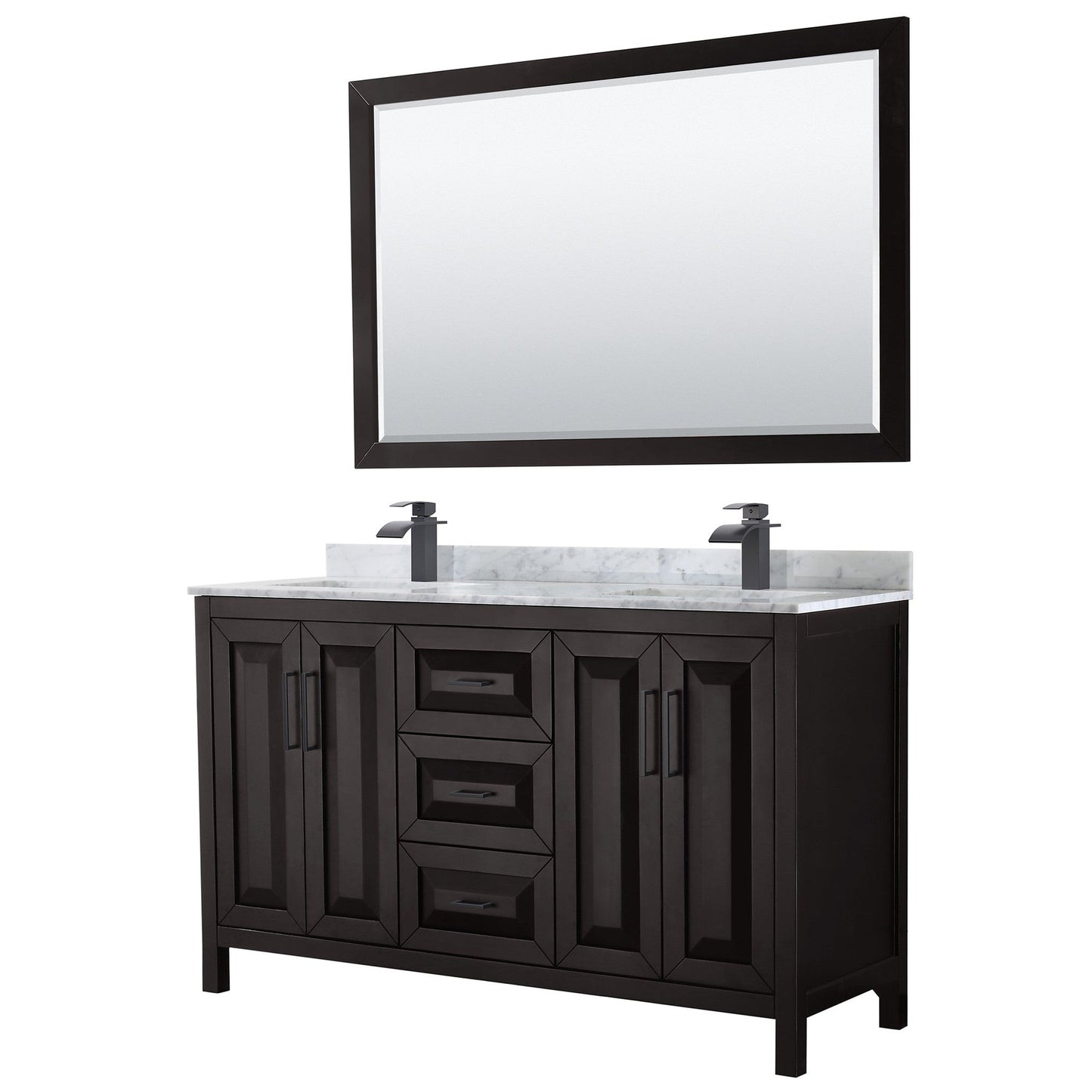 Wyndham Collection Daria 60" Double Bathroom Vanity in Dark Espresso, White Carrara Marble Countertop, Undermount Square Sinks, Matte Black Trim, 58" Mirror