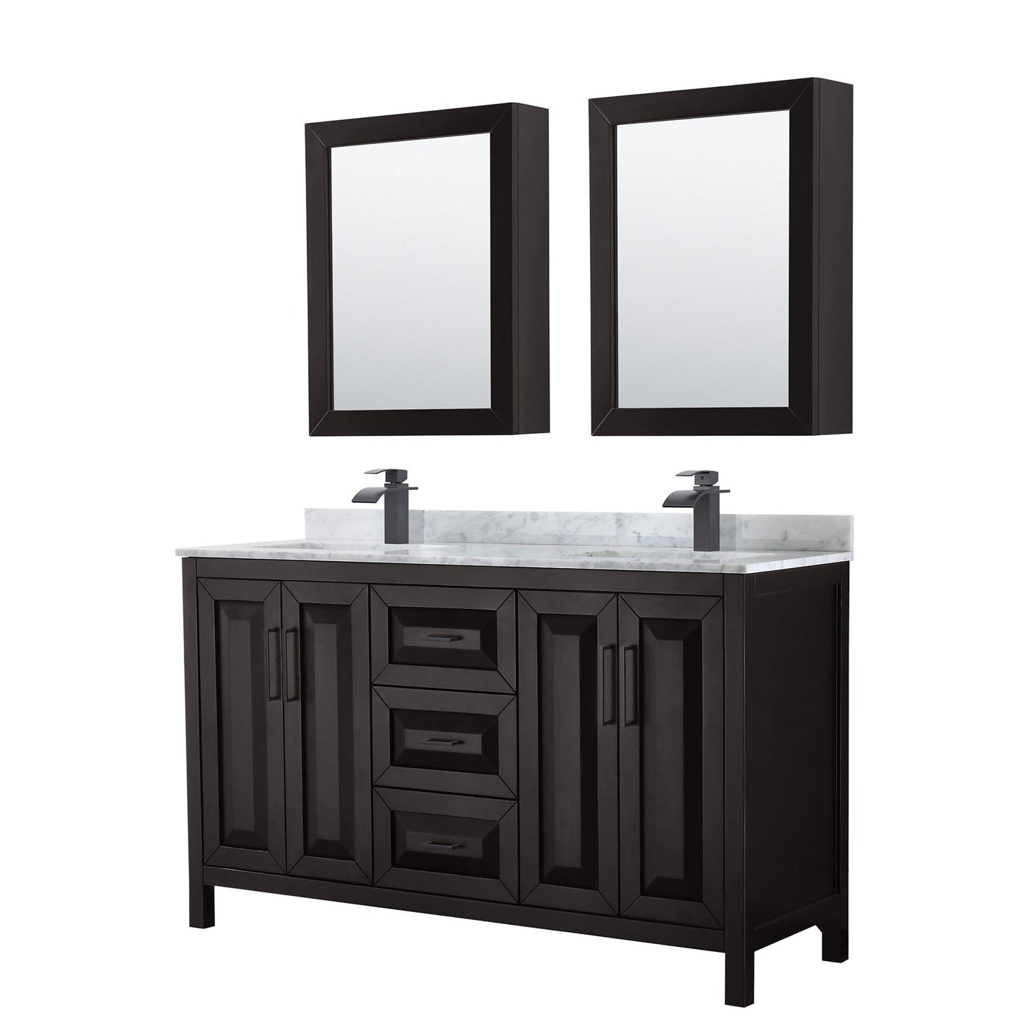 Wyndham Collection Daria 60" Double Bathroom Vanity in Dark Espresso, White Carrara Marble Countertop, Undermount Square Sinks, Matte Black Trim, Medicine Cabinets