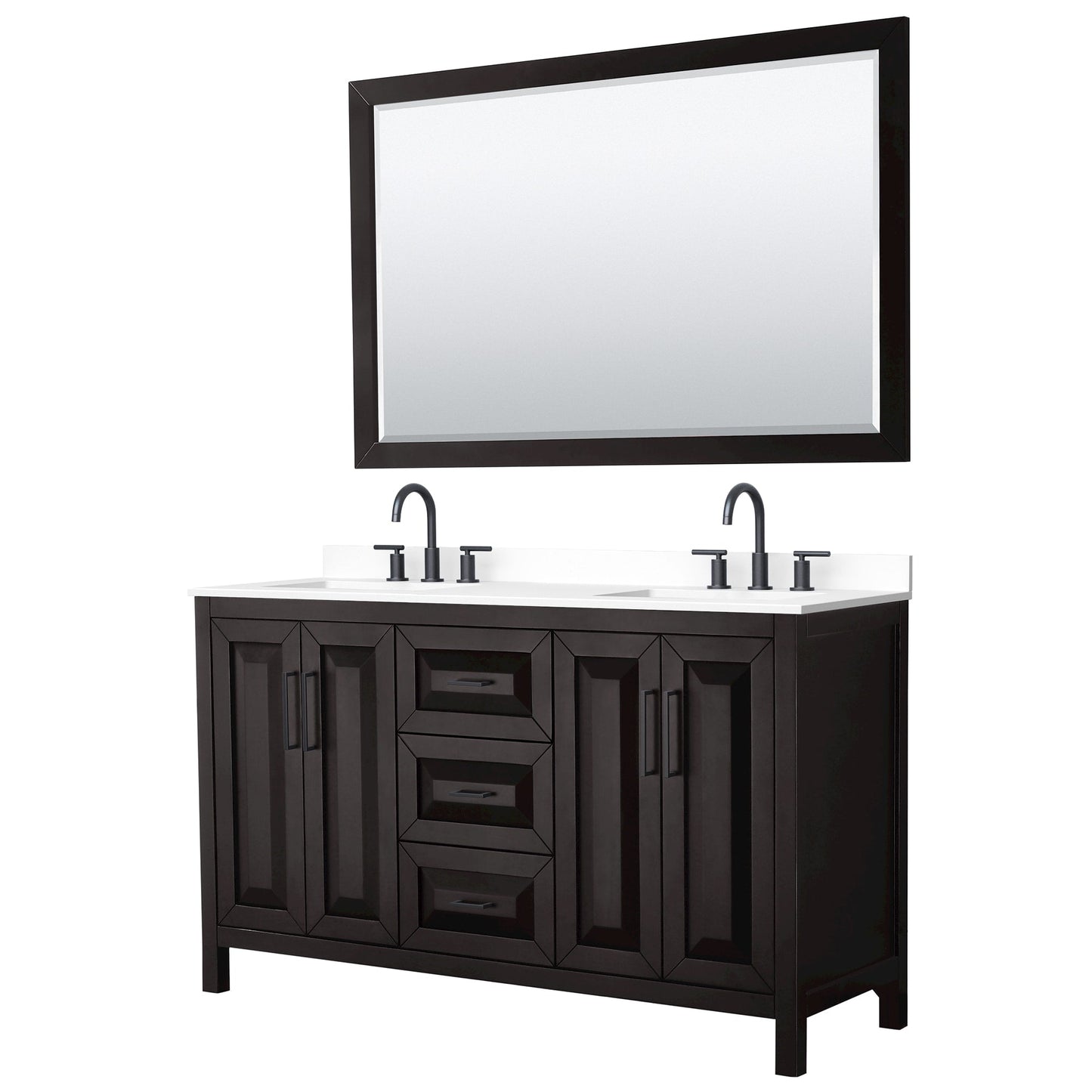Wyndham Collection Daria 60" Double Bathroom Vanity in Dark Espresso, White Cultured Marble Countertop, Undermount Square Sinks (3-Hole), Matte Black Trim, 58" Mirror