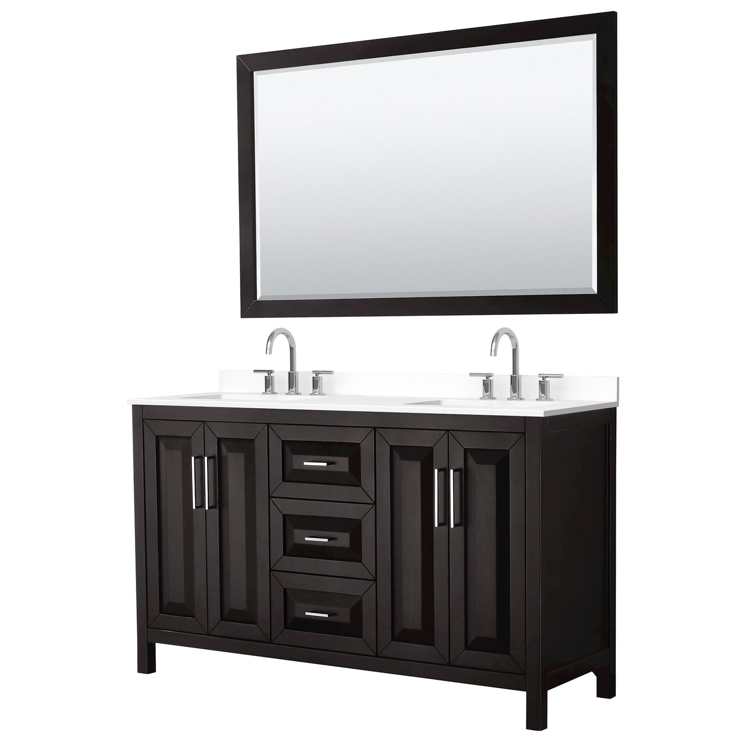 Wyndham Collection Daria 60" Double Bathroom Vanity in Dark Espresso, White Cultured Marble Countertop, Undermount Square Sinks (3-Hole), Polished Chrome Trim, 58" Mirror