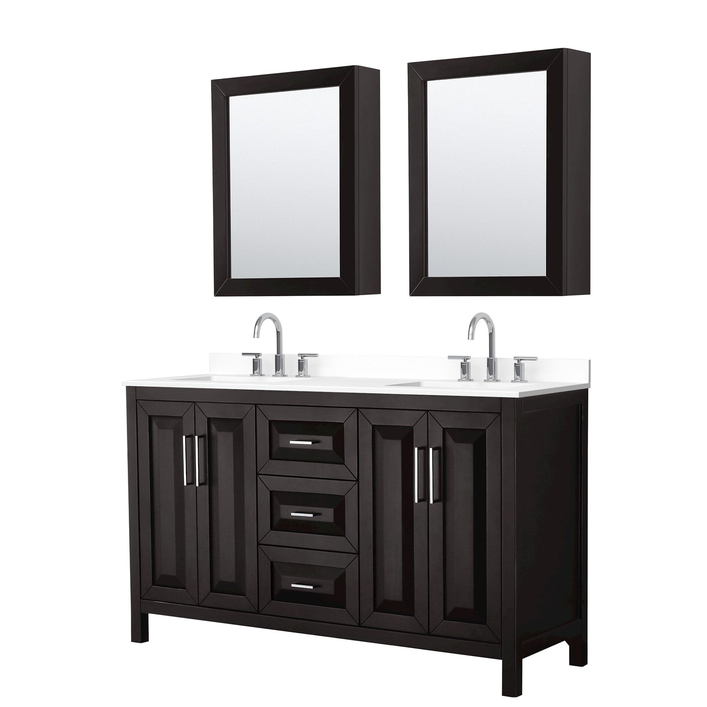Wyndham Collection Daria 60" Double Bathroom Vanity in Dark Espresso, White Cultured Marble Countertop, Undermount Square Sinks (3-Hole), Polished Chrome Trim, Medicine Cabinets