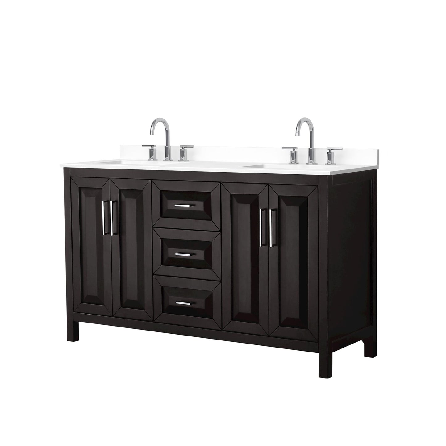 Wyndham Collection Daria 60" Double Bathroom Vanity in Dark Espresso, White Cultured Marble Countertop, Undermount Square Sinks (3-Hole), Polished Chrome Trim