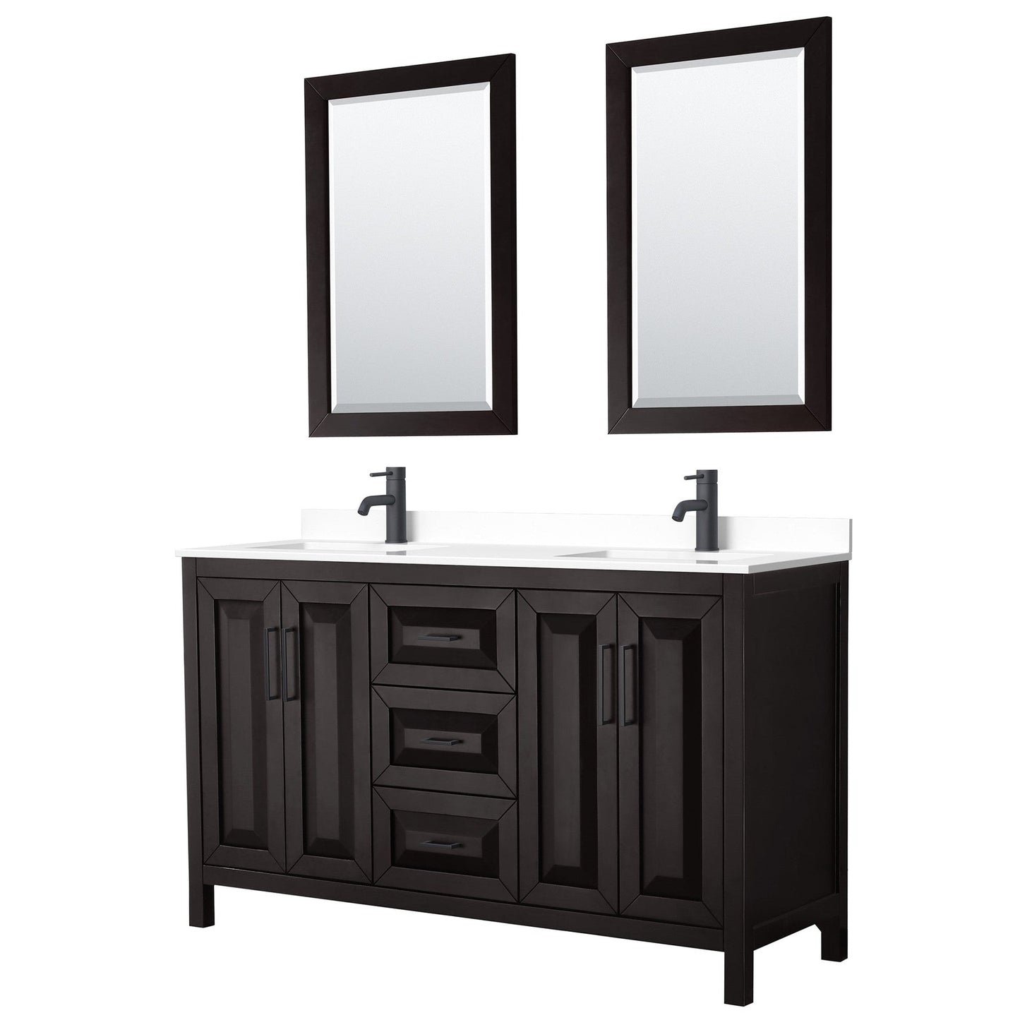 Wyndham Collection Daria 60" Double Bathroom Vanity in Dark Espresso, White Cultured Marble Countertop, Undermount Square Sinks, Matte Black Trim, 24" Mirrors
