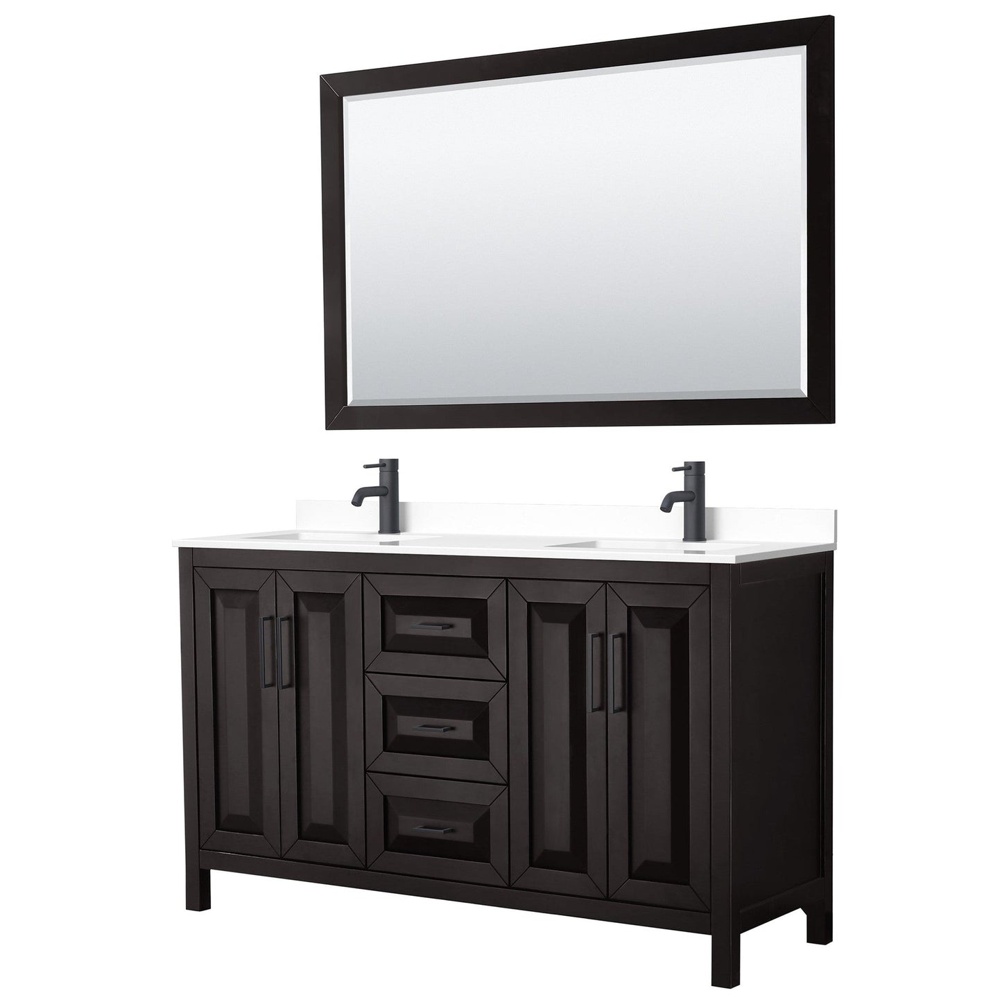 Wyndham Collection Daria 60" Double Bathroom Vanity in Dark Espresso, White Cultured Marble Countertop, Undermount Square Sinks, Matte Black Trim, 58" Mirror