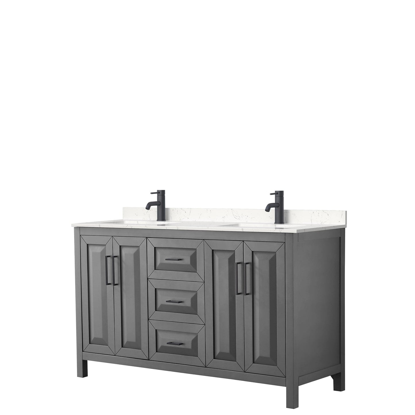 Wyndham Collection Daria 60" Double Bathroom Vanity in Dark Gray, Carrara Cultured Marble Countertop, Undermount Square Sinks, Matte Black Trim