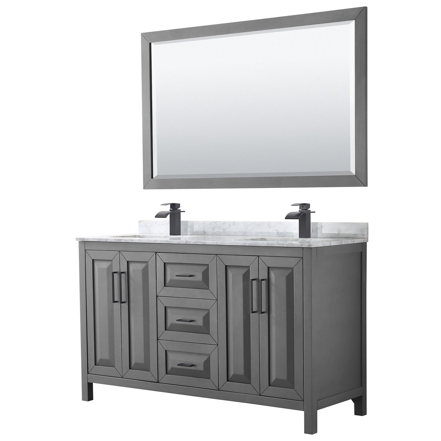 Wyndham Collection Daria 60" Double Bathroom Vanity in Dark Gray, White Carrara Marble Countertop, Undermount Square Sinks, Matte Black Trim, 58" Mirror