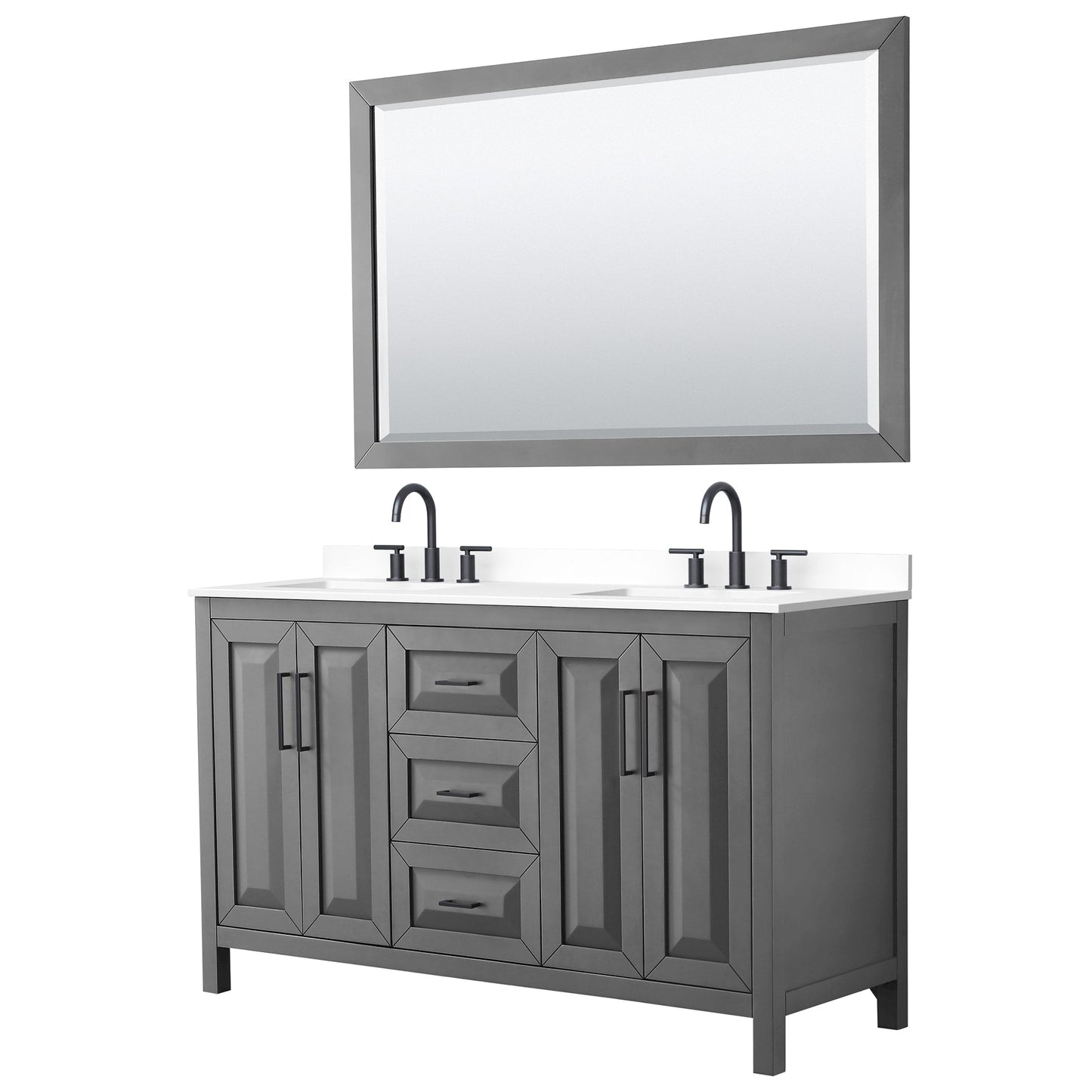 Wyndham Collection Daria 60" Double Bathroom Vanity in Dark Gray, White Cultured Marble Countertop, Undermount Square Sinks (3-Hole), Matte Black Trim, 58" Mirror