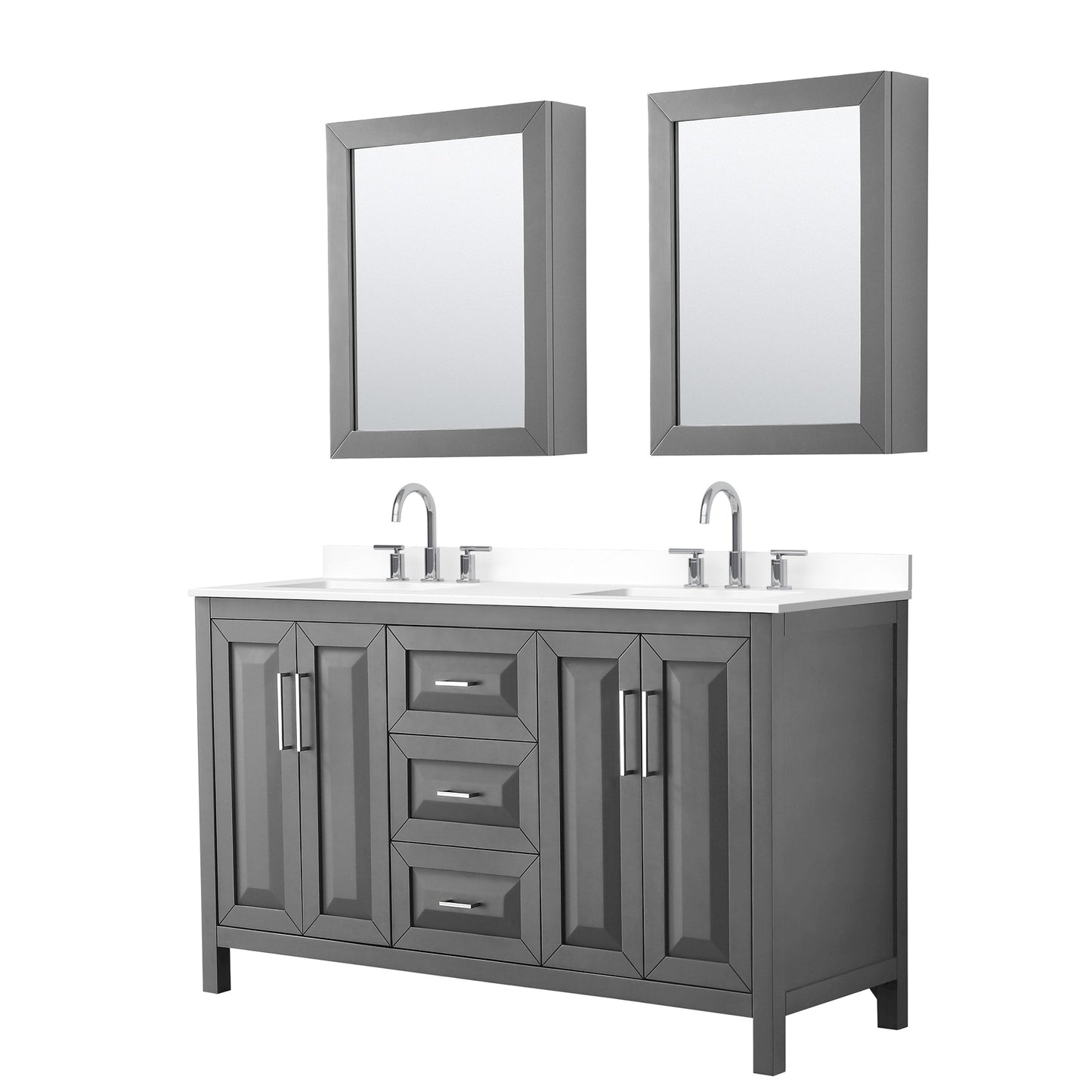 Wyndham Collection Daria 60" Double Bathroom Vanity in Dark Gray, White Cultured Marble Countertop, Undermount Square Sinks (3-Hole), Polished Chrome Trim, Medicine Cabinets