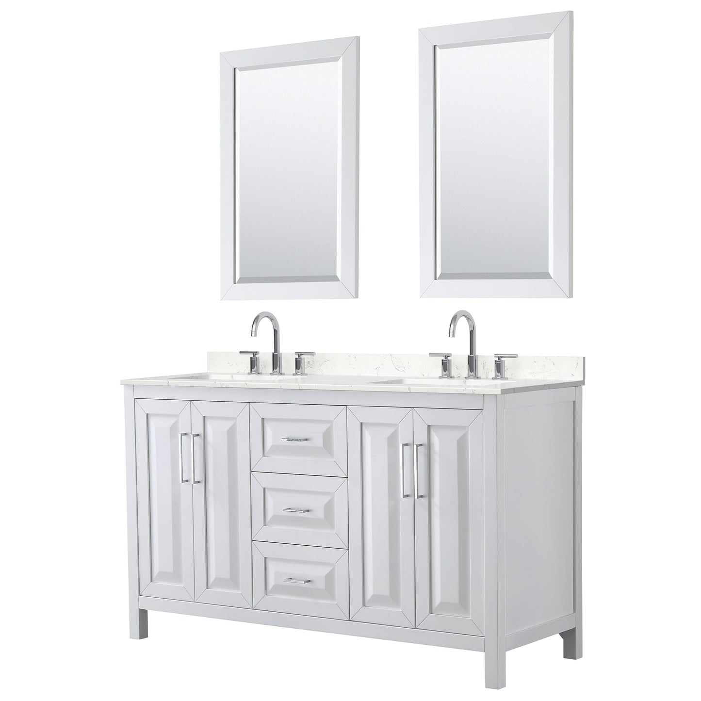 Wyndham Collection Daria 60" Double Bathroom Vanity in White, Carrara Cultured Marble Countertop, Undermount Square Sinks (3-Hole), Polished Chrome Trim, 24" Mirrors