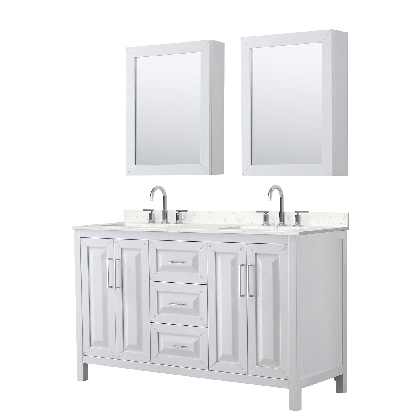 Wyndham Collection Daria 60" Double Bathroom Vanity in White, Carrara Cultured Marble Countertop, Undermount Square Sinks (3-Hole), Polished Chrome Trim, Medicine Cabinets