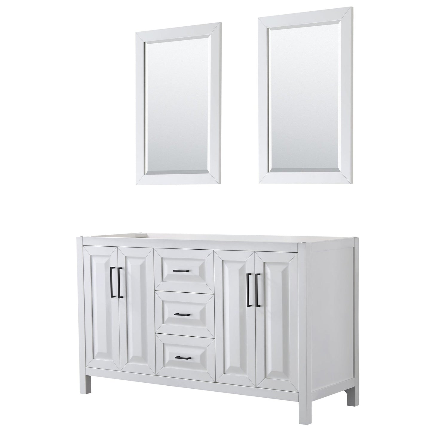 Wyndham Collection Daria 60" Double Bathroom Vanity in White, No Countertop, No Sink, Matte Black Trim, 24" Mirrors