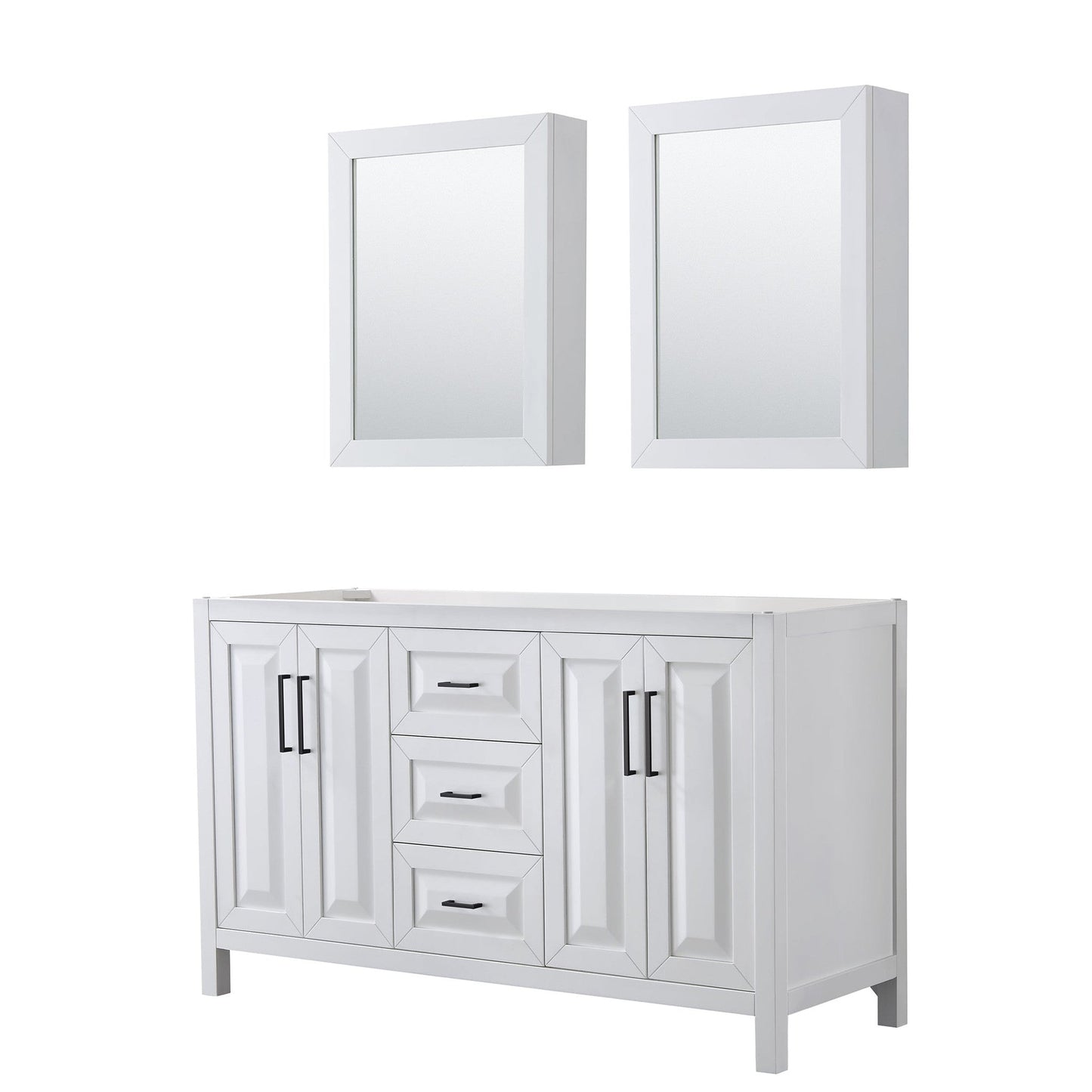 Wyndham Collection Daria 60" Double Bathroom Vanity in White, No Countertop, No Sink, Matte Black Trim, Medicine Cabinets