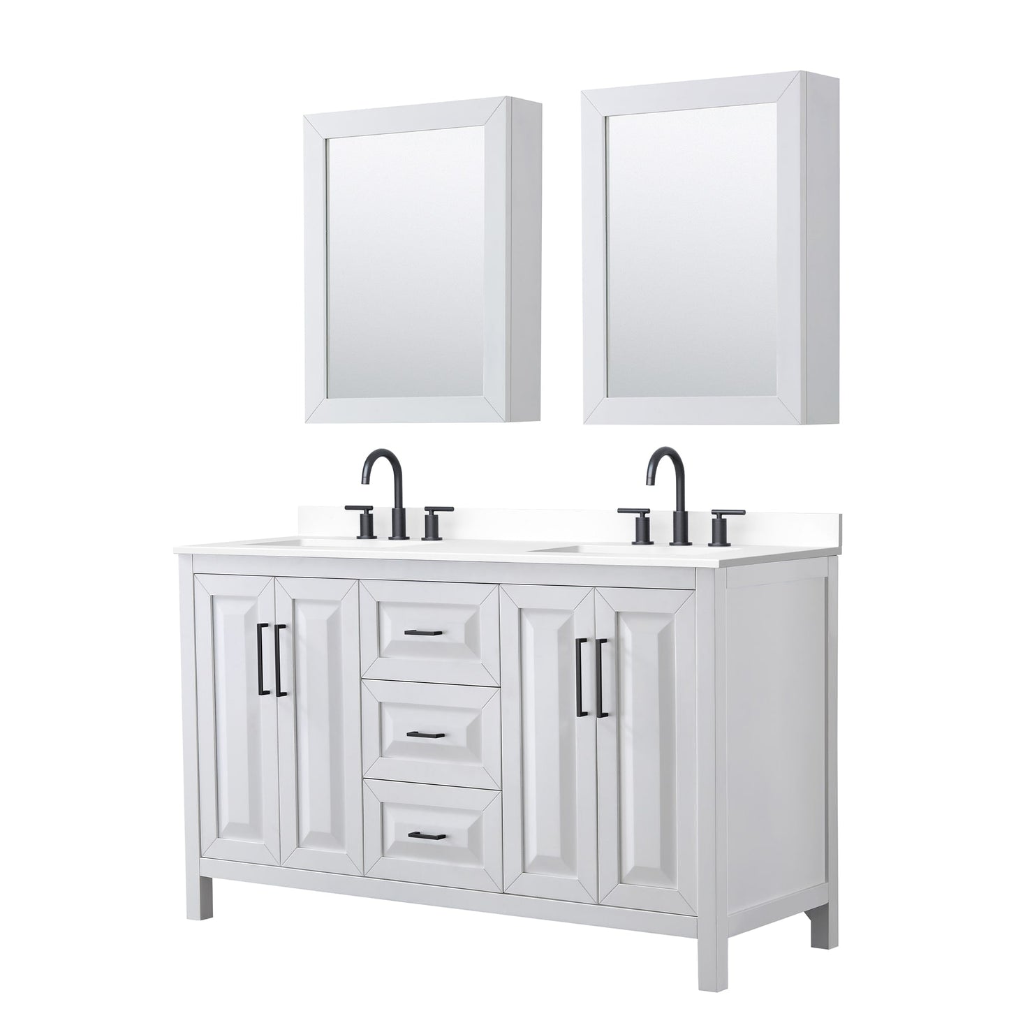 Wyndham Collection Daria 60" Double Bathroom Vanity in White, White Cultured Marble Countertop, Undermount Square Sinks (3-Hole), Matte Black Trim, Medicine Cabinets