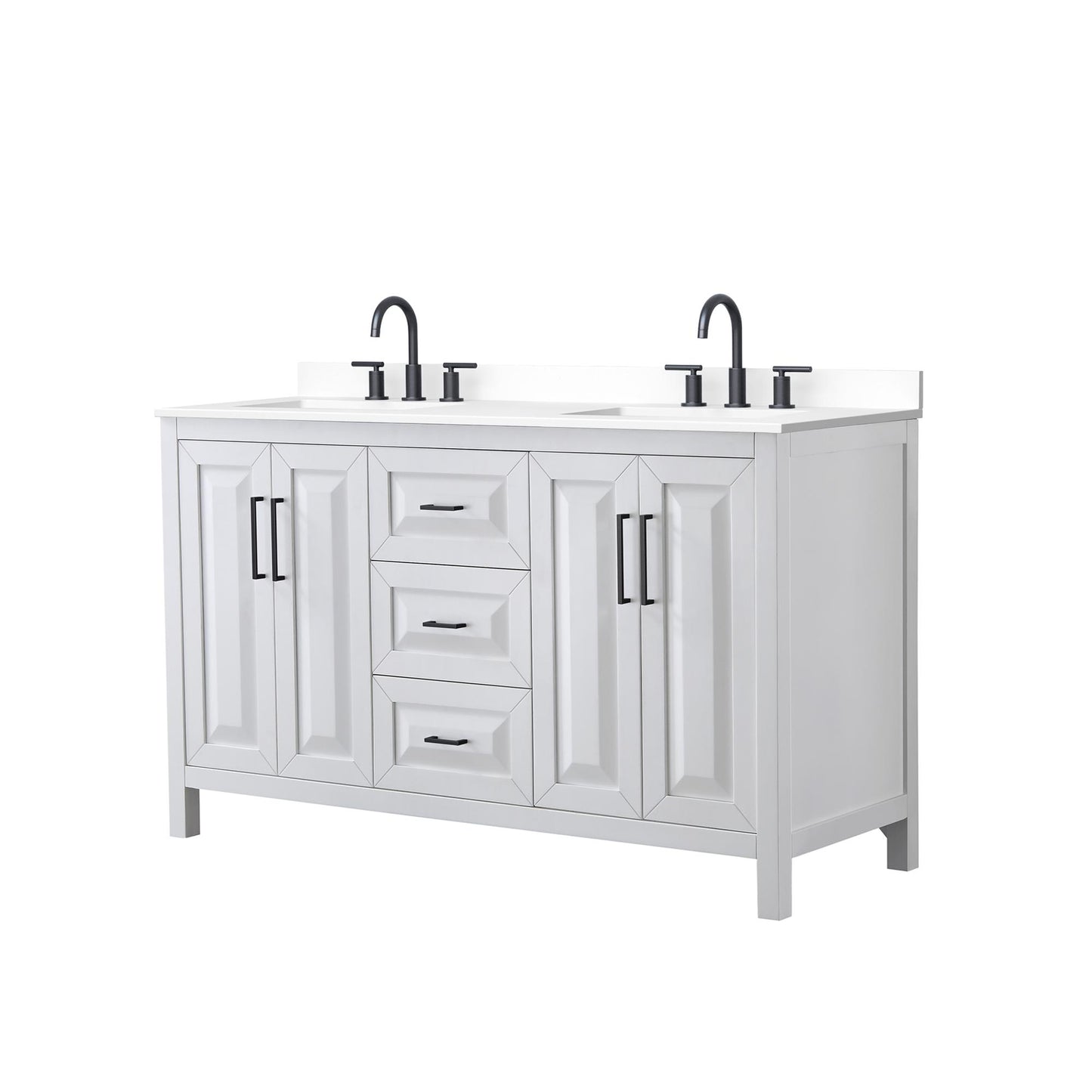 Wyndham Collection Daria 60" Double Bathroom Vanity in White, White Cultured Marble Countertop, Undermount Square Sinks (3-Hole), Matte Black Trim