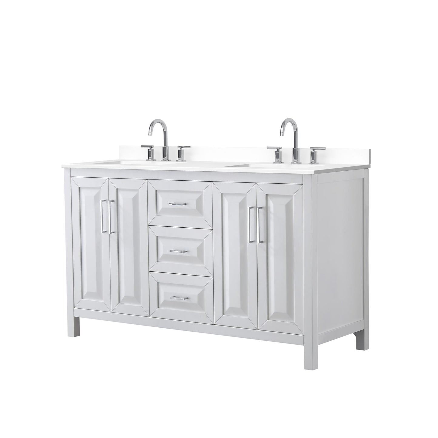 Wyndham Collection Daria 60" Double Bathroom Vanity in White, White Cultured Marble Countertop, Undermount Square Sinks (3-Hole), Polished Chrome Trim