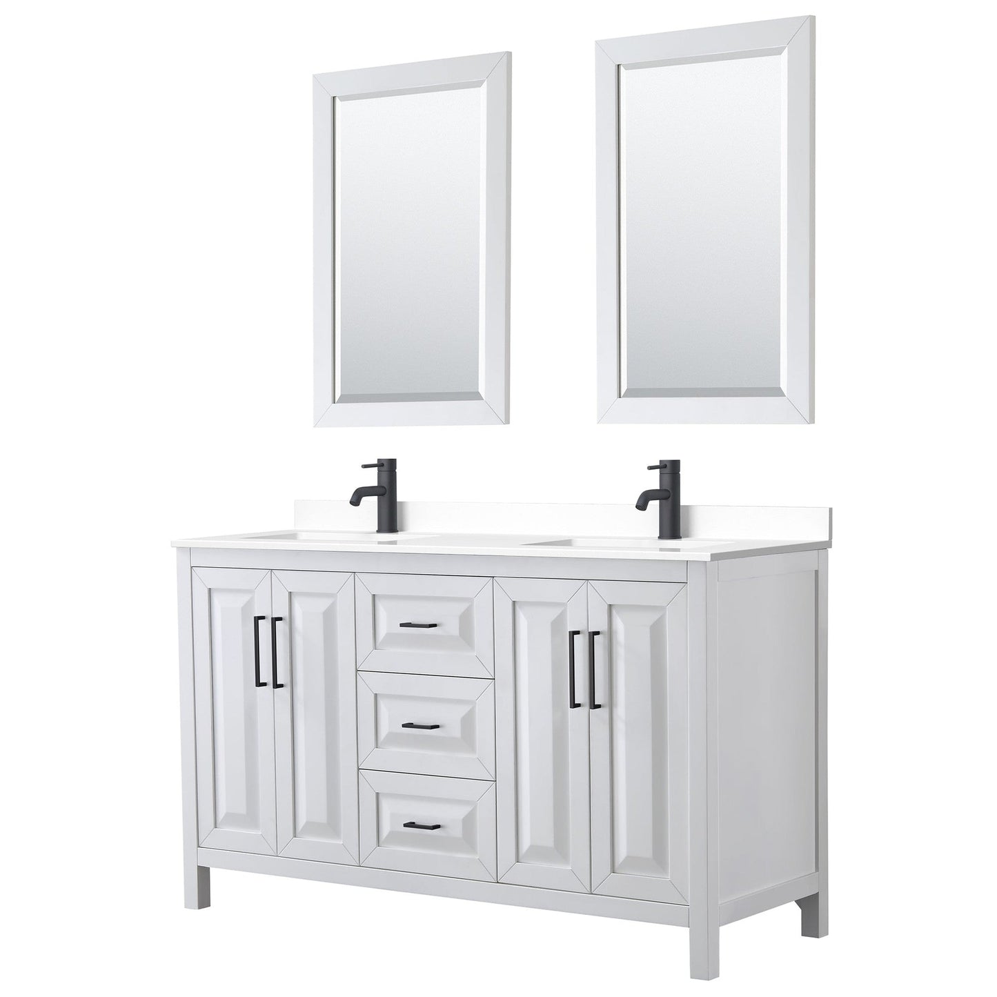 Wyndham Collection Daria 60" Double Bathroom Vanity in White, White Cultured Marble Countertop, Undermount Square Sinks, Matte Black Trim, 24" Mirrors