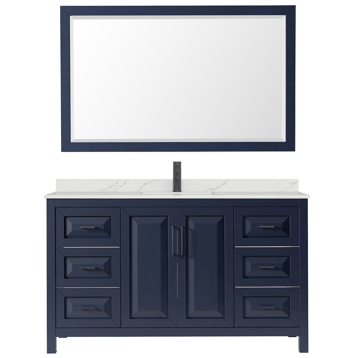 Wyndham Collection Daria 60" Single Bathroom Vanity in Dark Blue, Giotto Quartz Countertop, Undermount Square Sink (1-Hole), Matte Black Trim, 58" Mirror