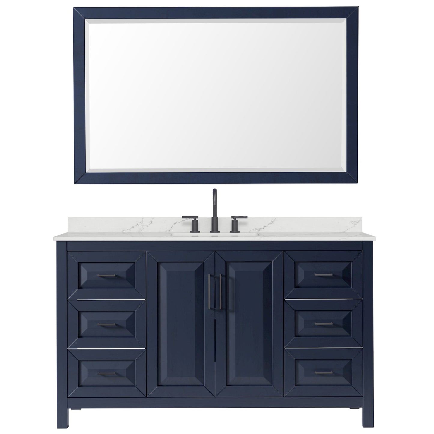 Wyndham Collection Daria 60" Single Bathroom Vanity in Dark Blue, Giotto Quartz Countertop, Undermount Square Sink (3-Hole), Matte Black Trim, 58" Mirror