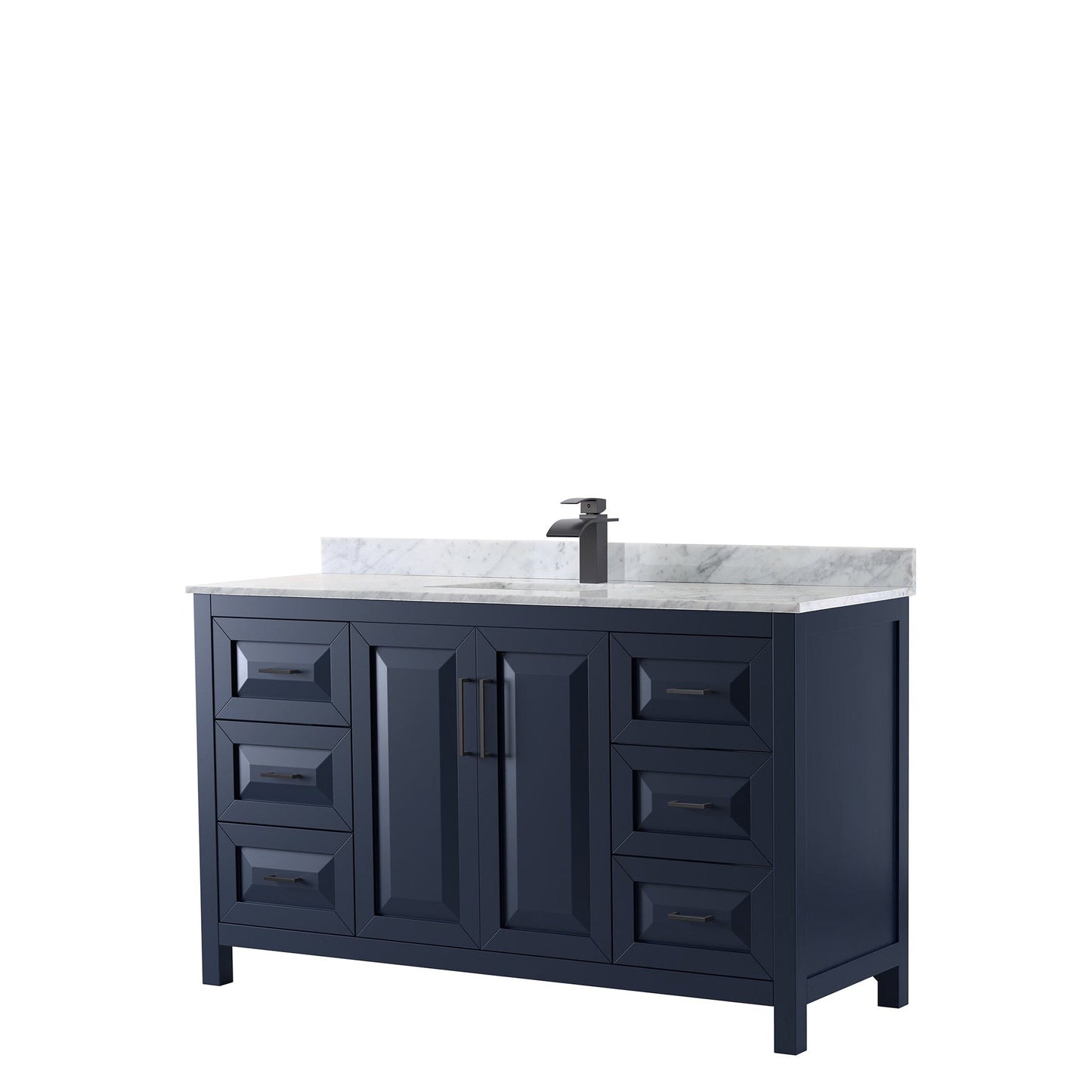 Wyndham Collection Daria 60" Single Bathroom Vanity in Dark Blue, White Carrara Marble Countertop, Undermount Square Sink, Matte Black Trim