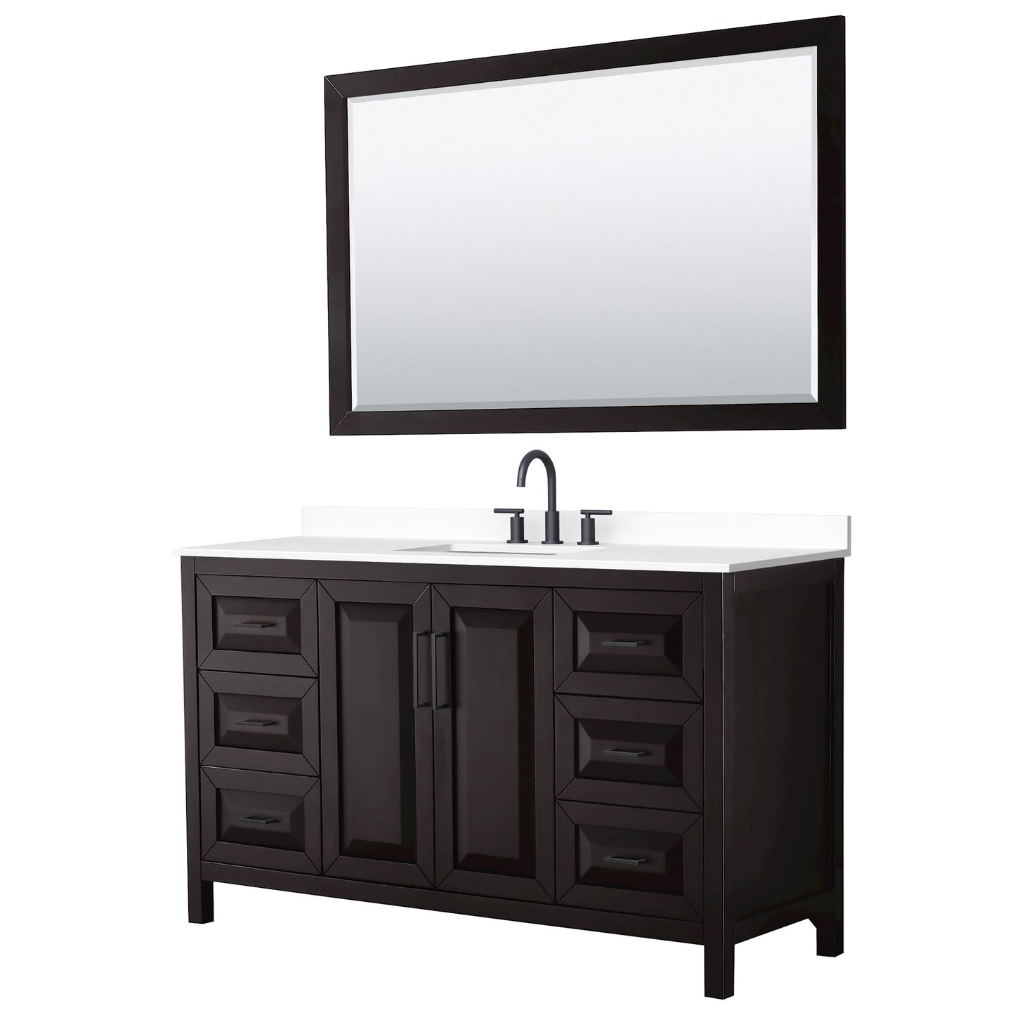 Wyndham Collection Daria 60" Single Bathroom Vanity in Dark Espresso, White Cultured Marble Countertop, Undermount Square Sink (3-Hole), Matte Black Trim, 58" Mirror