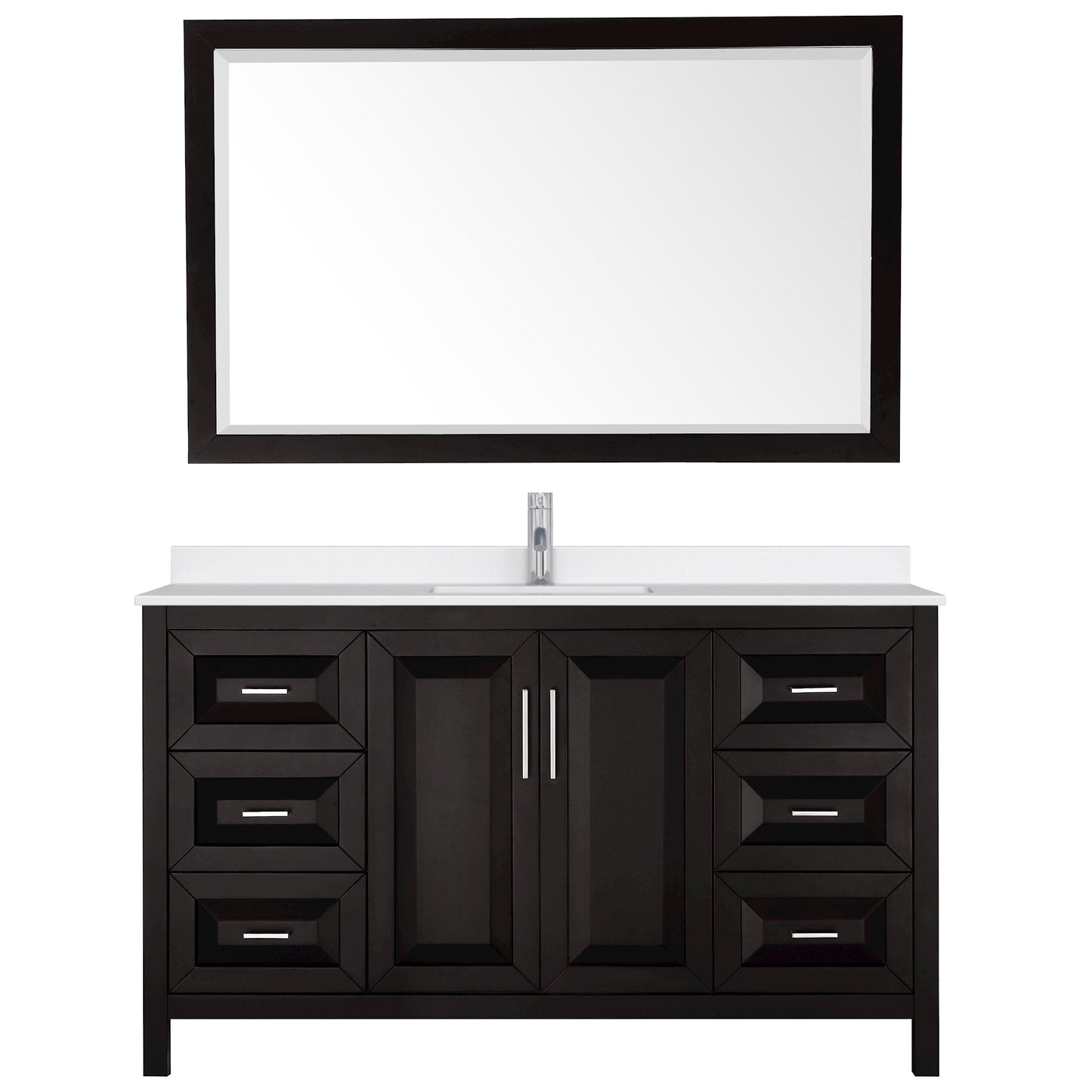 Wyndham Collection Daria 60" Single Bathroom Vanity in Dark Espresso, White Quartz Countertop, Undermount Square Sink (1-Hole), Polished Chrome Trim, 58" Mirror