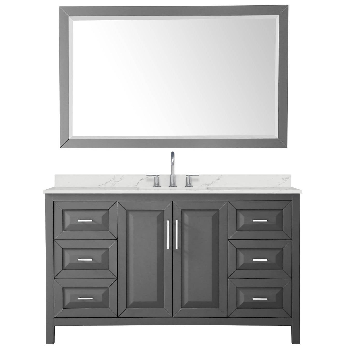 Wyndham Collection Daria 60" Single Bathroom Vanity in Dark Gray, Giotto Quartz Countertop, Undermount Square Sink (3-Hole), Polished Chrome Trim, 58" Mirror