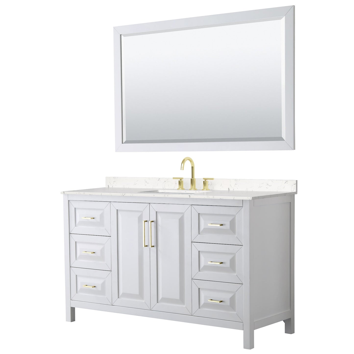 Wyndham Collection Daria 60" Single Bathroom Vanity in White, Carrara Cultured Marble Countertop, Undermount Square Sink (3-Hole), 58" Mirror, Brushed Gold Trim