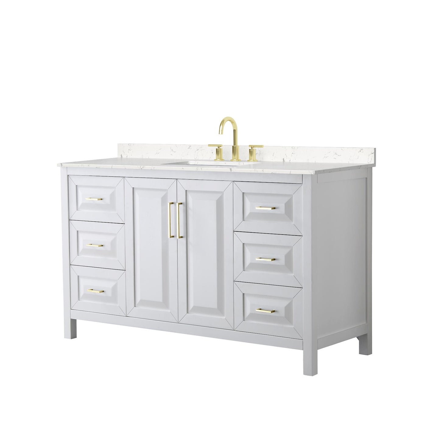 Wyndham Collection Daria 60" Single Bathroom Vanity in White, Carrara Cultured Marble Countertop, Undermount Square Sink (3-Hole), Brushed Gold Trim
