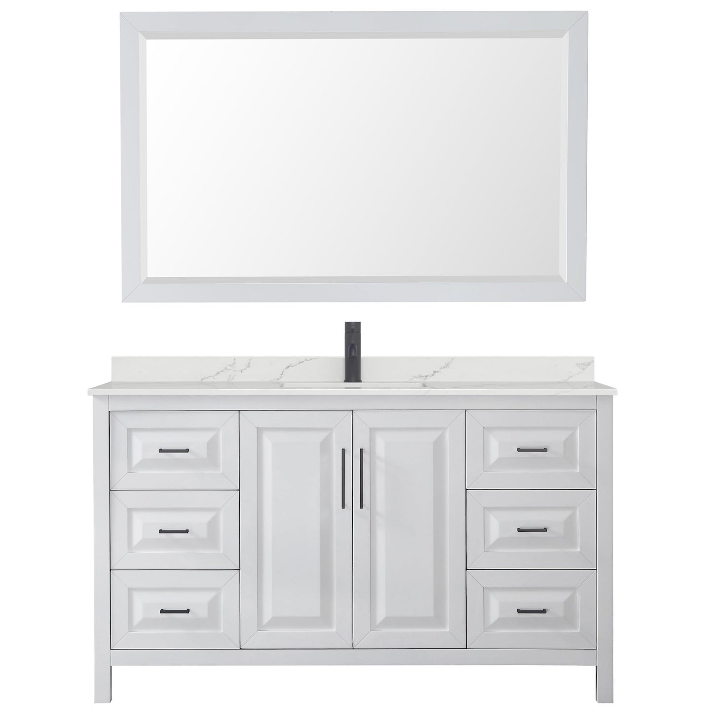 Wyndham Collection Daria 60" Single Bathroom Vanity in White, Giotto Quartz Countertop, Undermount Square Sink (1-Hole), Matte Black Trim, 58" Mirror