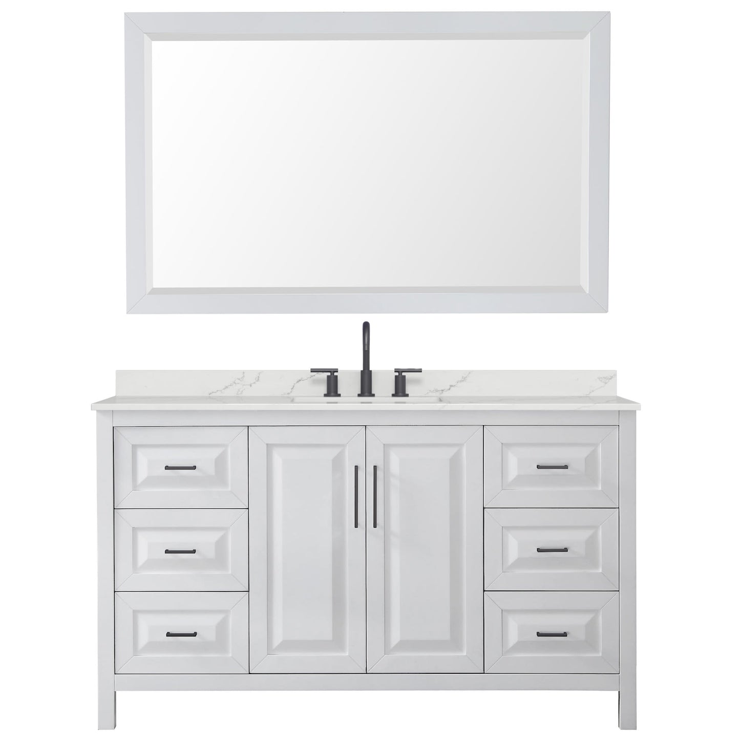 Wyndham Collection Daria 60" Single Bathroom Vanity in White, Giotto Quartz Countertop, Undermount Square Sink (3-Hole), Matte Black Trim, 58" Mirror