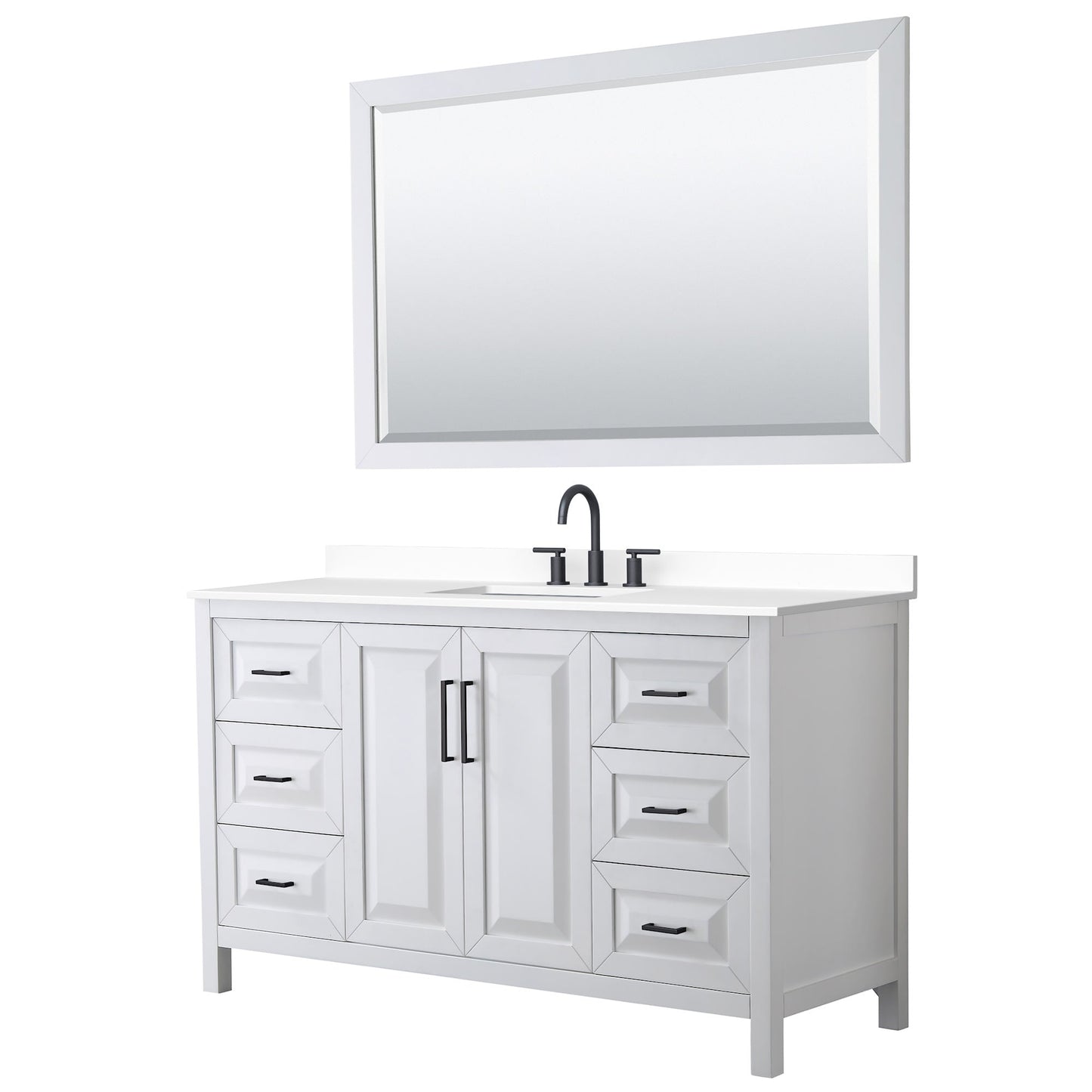 Wyndham Collection Daria 60" Single Bathroom Vanity in White, White Cultured Marble Countertop, Undermount Square Sink (3-Hole), Matte Black Trim, 58" Mirror