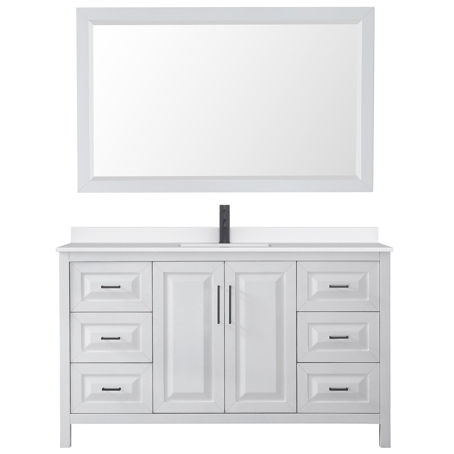 Wyndham Collection Daria 60" Single Bathroom Vanity in White, White Quartz Countertop, Undermount Square Sink (1-Hole), Matte Black Trim, 58" Mirror