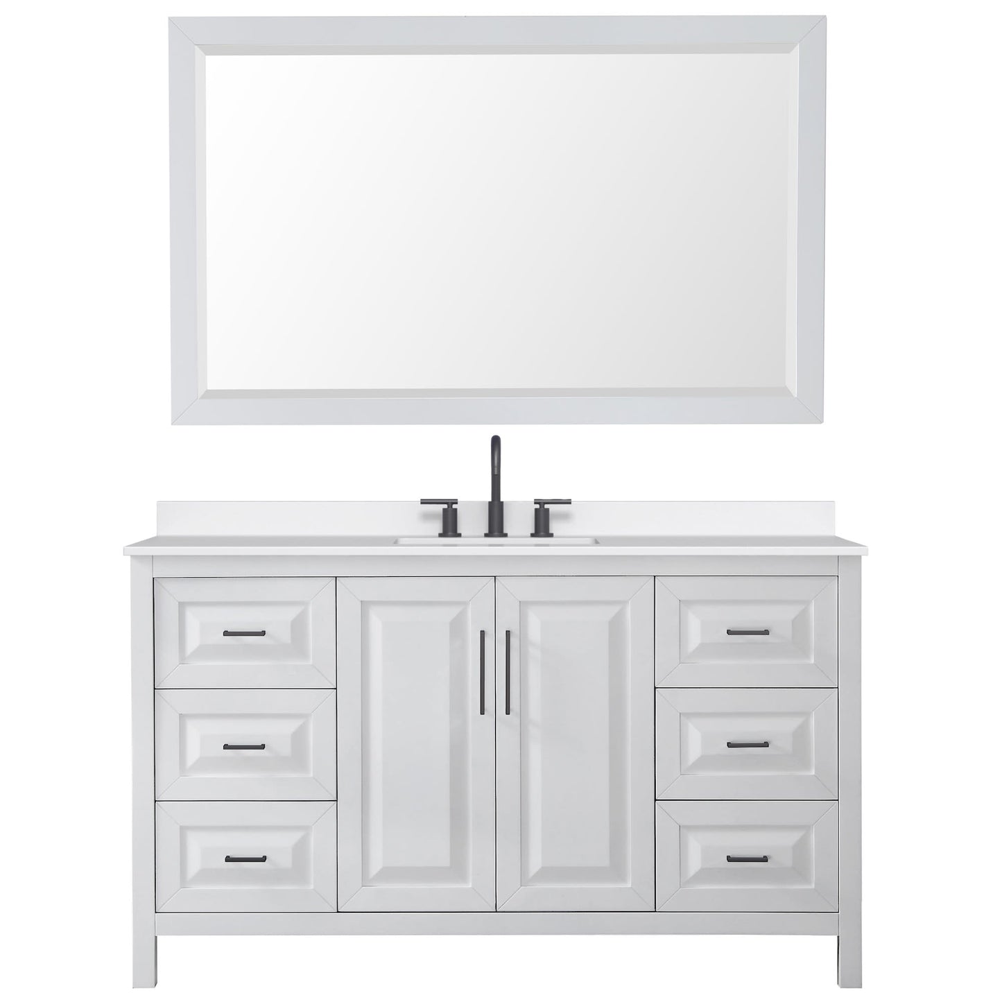 Wyndham Collection Daria 60" Single Bathroom Vanity in White, White Quartz Countertop, Undermount Square Sink (3-Hole), Matte Black Trim, 58" Mirror
