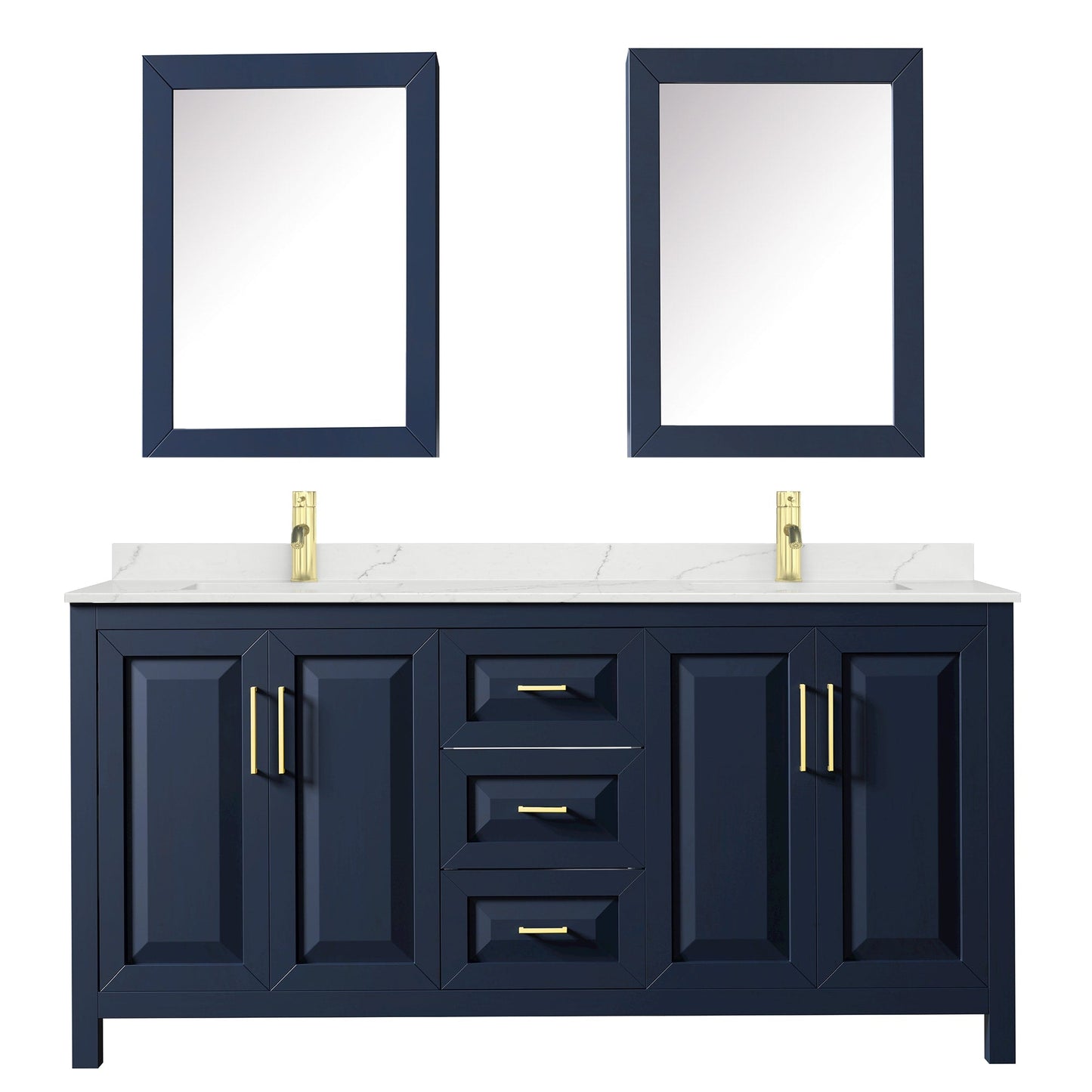 Wyndham Collection Daria 72" Double Bathroom Vanity in Dark Blue, Giotto Quartz Countertop, Undermount Square Sinks (1-Hole), Brushed Gold Trim, Medicine Cabinets