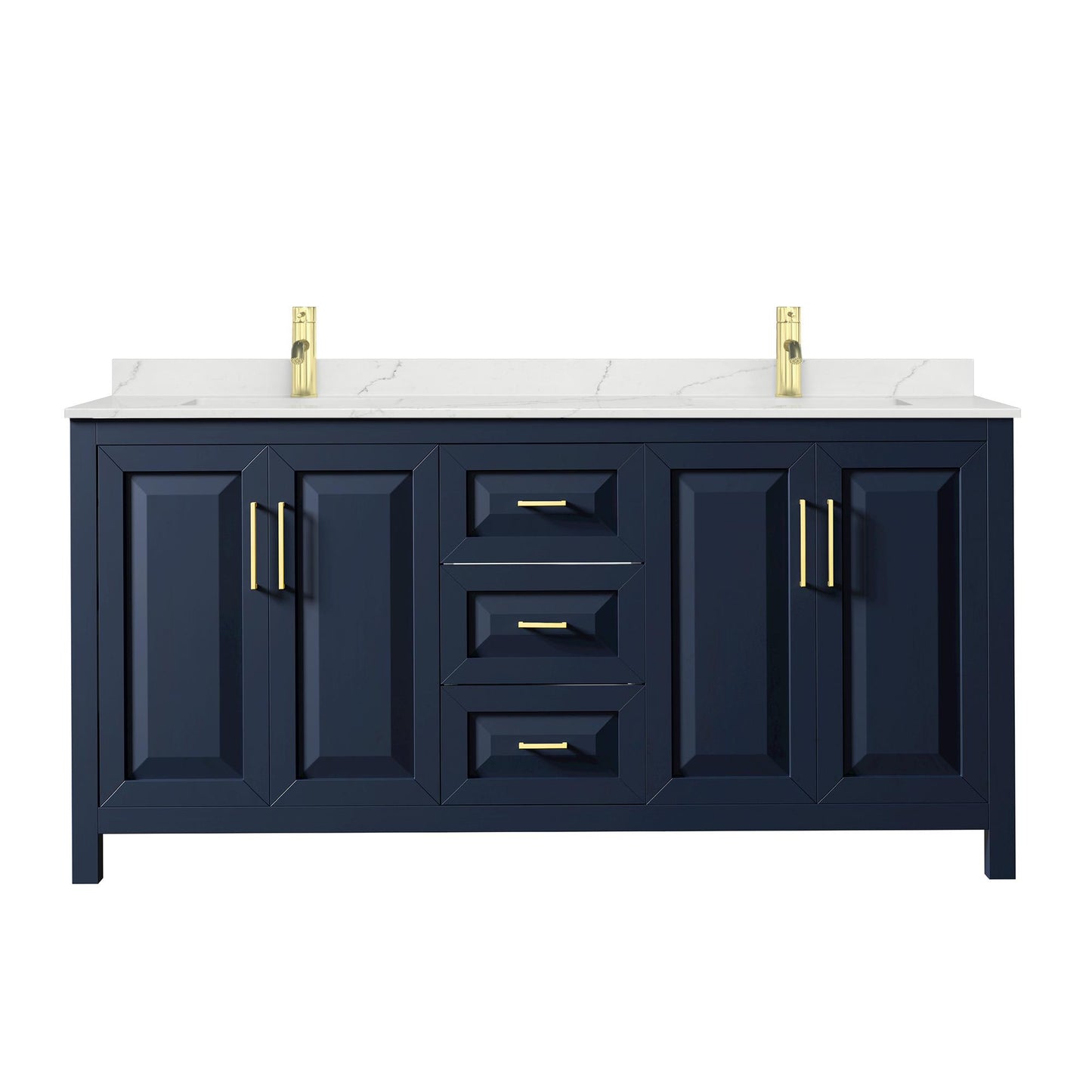 Wyndham Collection Daria 72" Double Bathroom Vanity in Dark Blue, Giotto Quartz Countertop, Undermount Square Sinks (1-Hole), Brushed Gold Trim