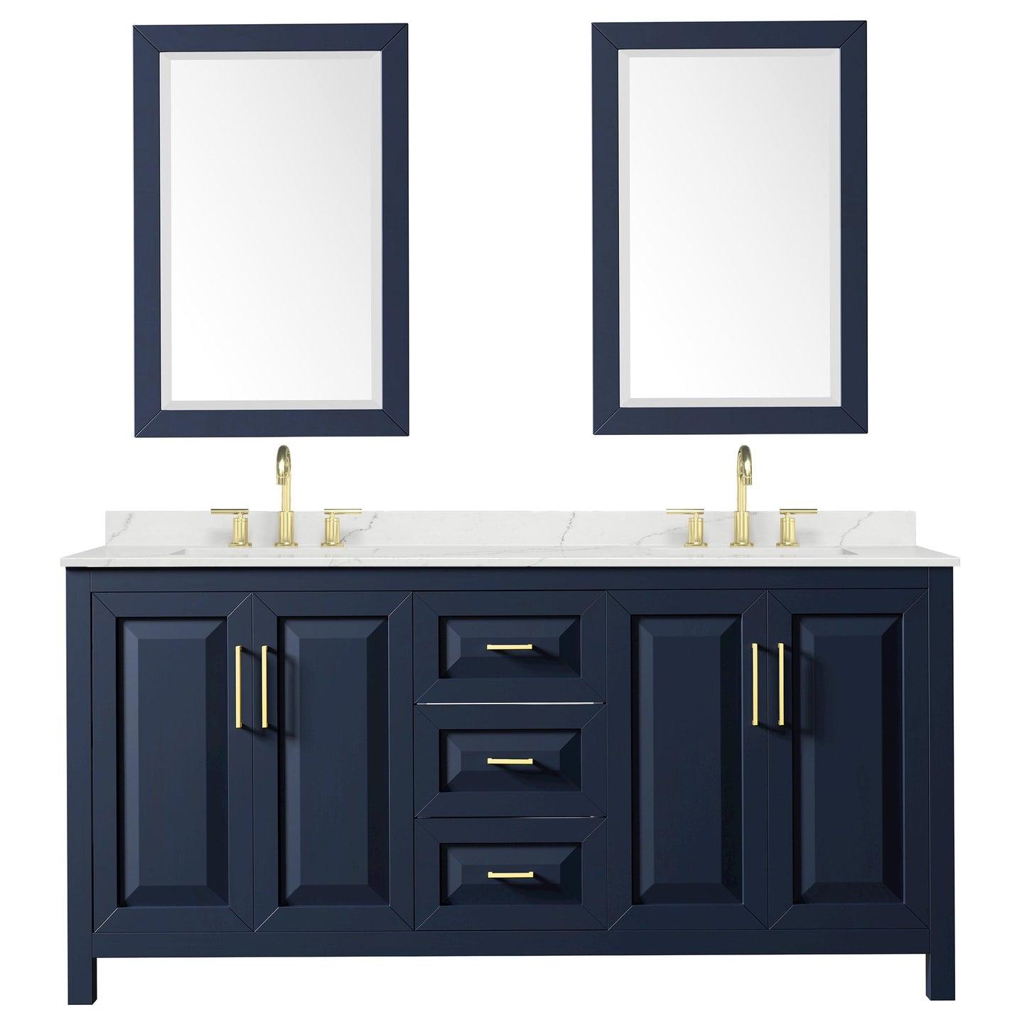 Wyndham Collection Daria 72" Double Bathroom Vanity in Dark Blue, Giotto Quartz Countertop, Undermount Square Sinks (3-Hole), Brushed Gold Trim, 24" Mirrors
