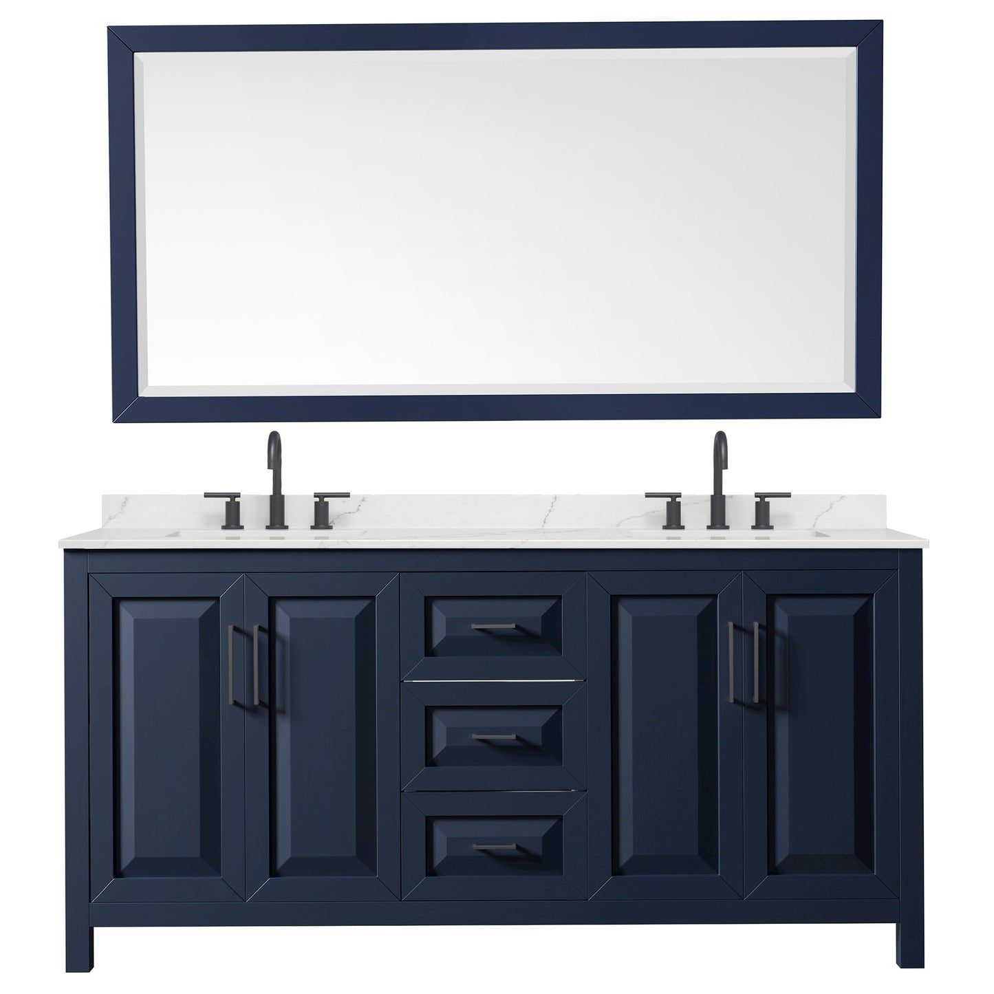 Wyndham Collection Daria 72" Double Bathroom Vanity in Dark Blue, Giotto Quartz Countertop, Undermount Square Sinks (3-Hole), Matte Black Trim, 70" Mirror