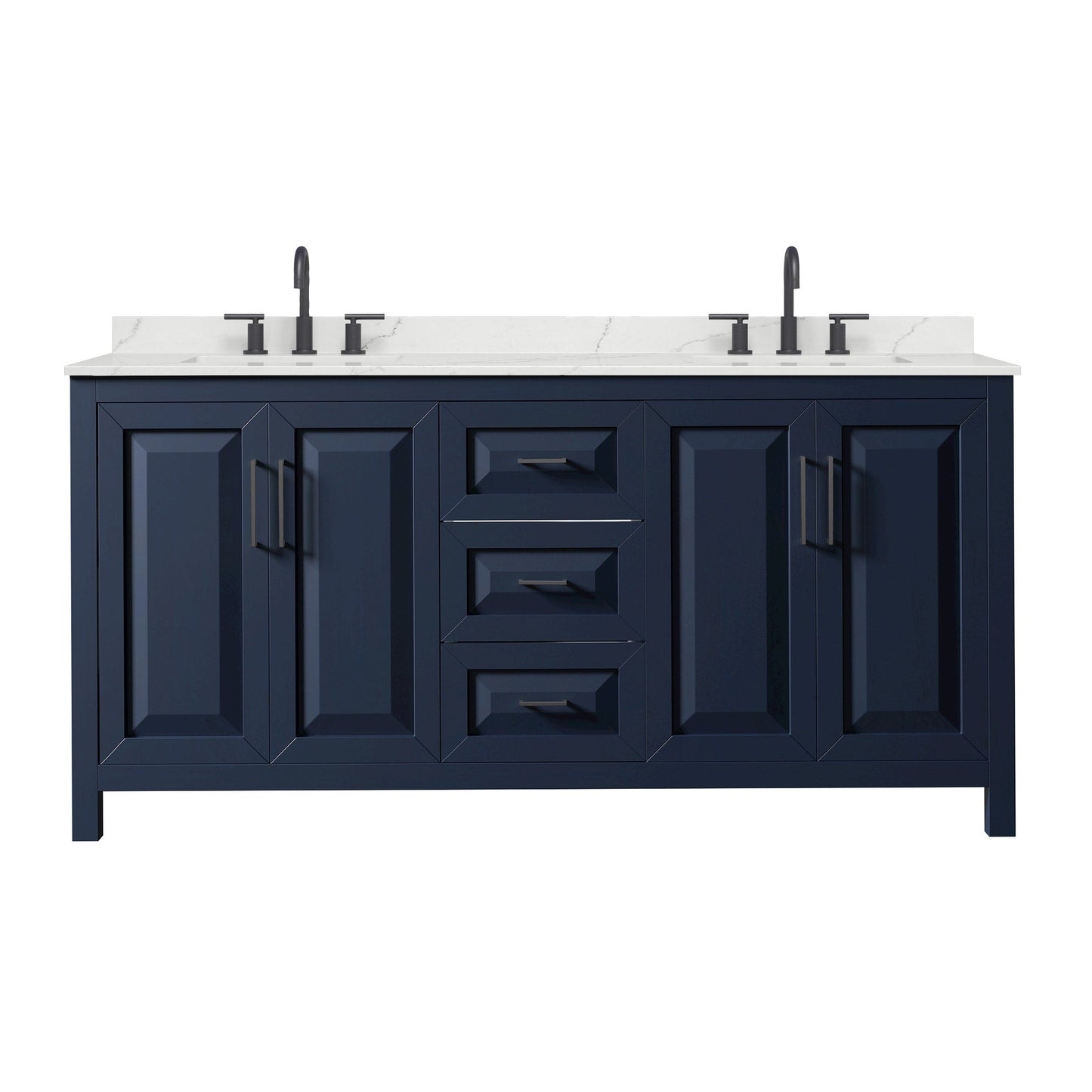 Wyndham Collection Daria 72" Double Bathroom Vanity in Dark Blue, Giotto Quartz Countertop, Undermount Square Sinks (3-Hole), Matte Black Trim