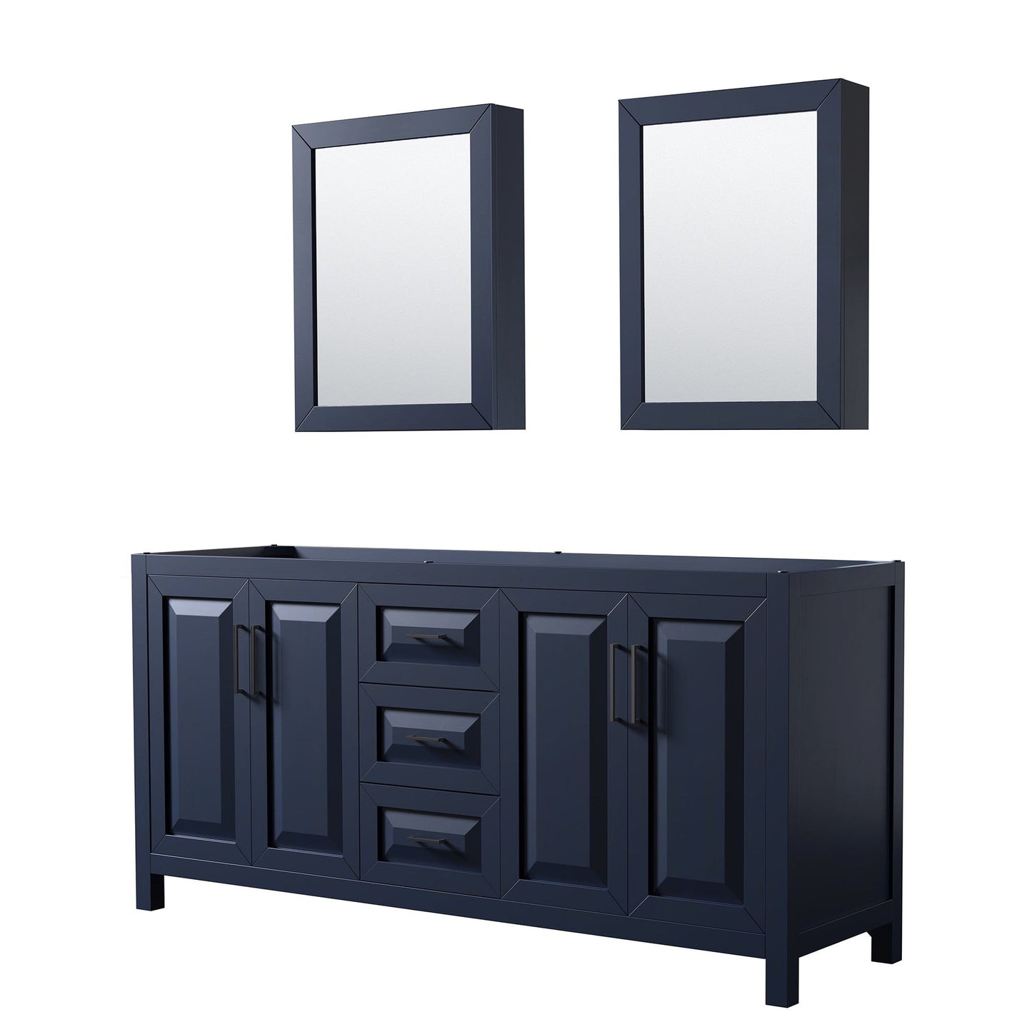 Wyndham Collection Daria 72" Double Bathroom Vanity in Dark Blue, No Countertop, No Sink, Matte Black Trim, Medicine Cabinets