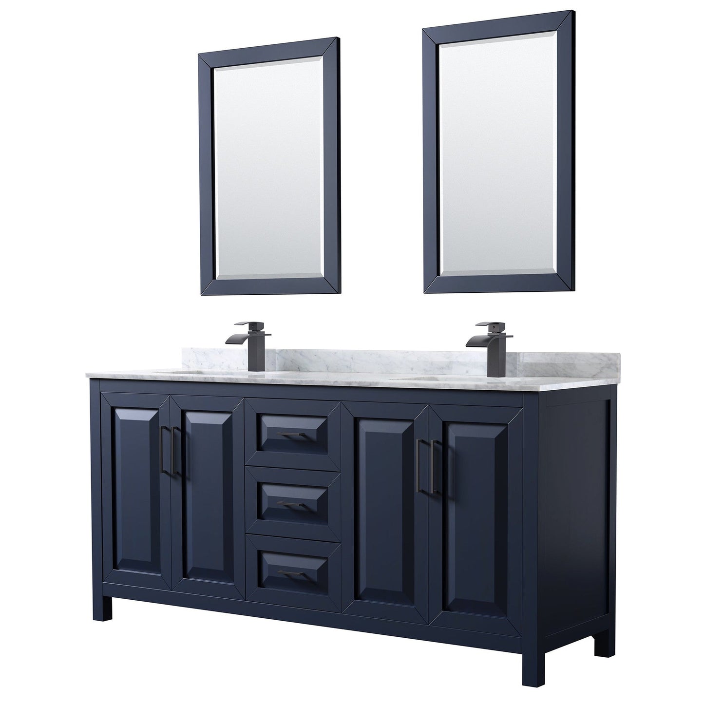 Wyndham Collection Daria 72" Double Bathroom Vanity in Dark Blue, White Carrara Marble Countertop, Undermount Square Sinks, Matte Black Trim, 24" Mirrors