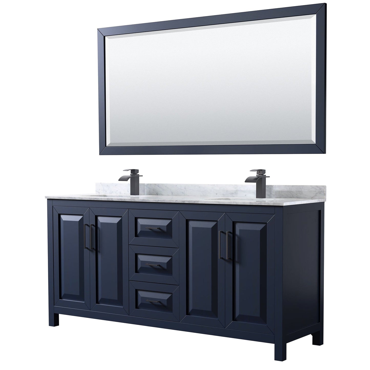 Wyndham Collection Daria 72" Double Bathroom Vanity in Dark Blue, White Carrara Marble Countertop, Undermount Square Sinks, Matte Black Trim, 70" Mirror
