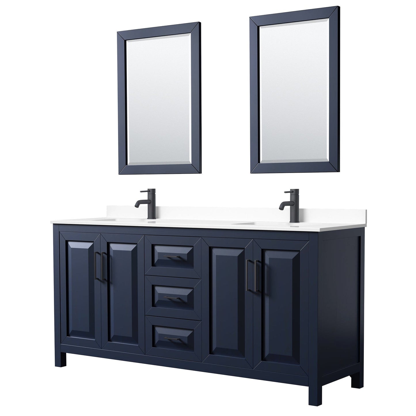 Wyndham Collection Daria 72" Double Bathroom Vanity in Dark Blue, White Cultured Marble Countertop, Undermount Square Sinks, Matte Black Trim, 24" Mirrors