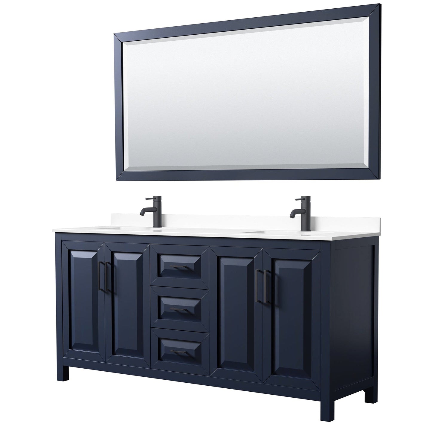 Wyndham Collection Daria 72" Double Bathroom Vanity in Dark Blue, White Cultured Marble Countertop, Undermount Square Sinks, Matte Black Trim, 70" Mirror