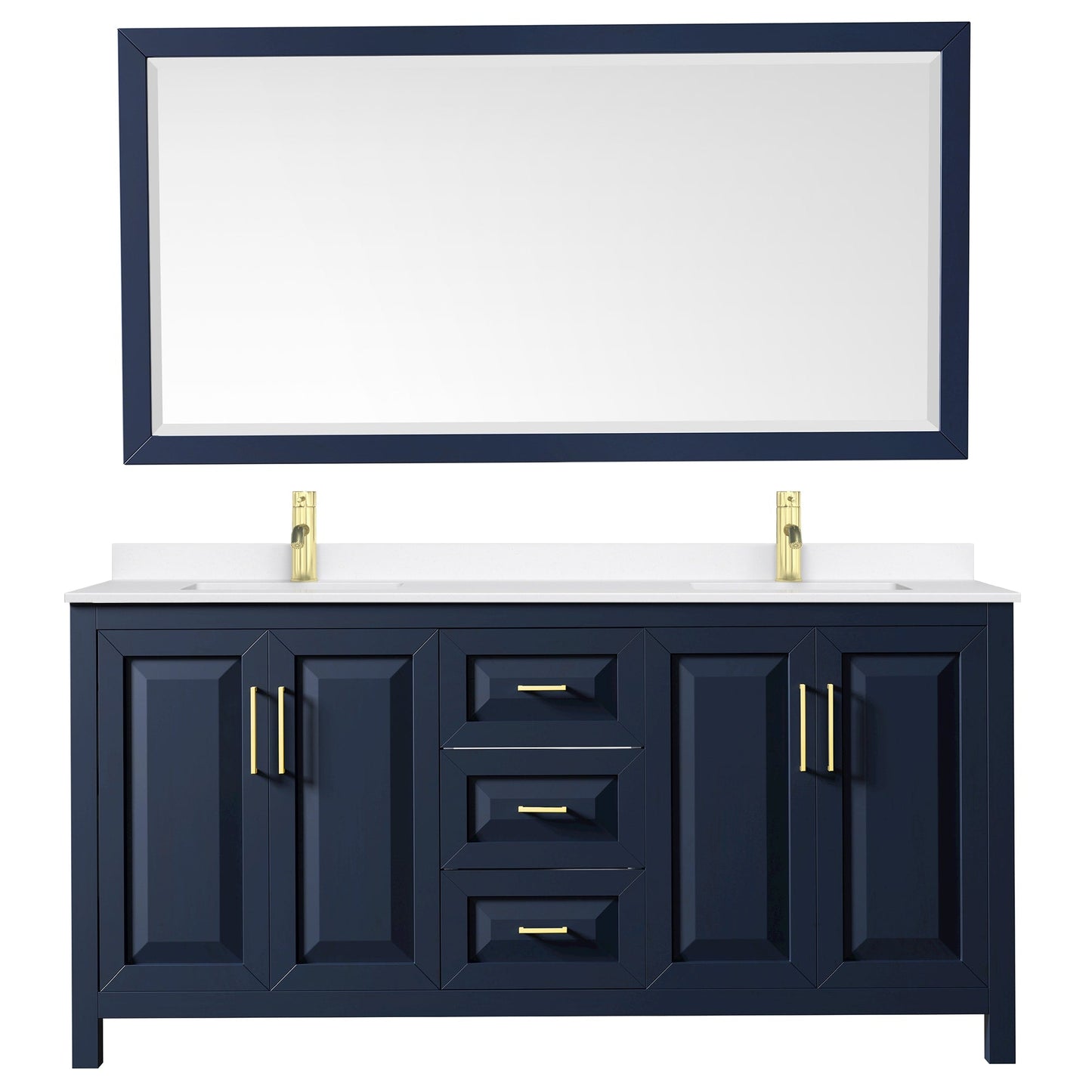 Wyndham Collection Daria 72" Double Bathroom Vanity in Dark Blue, White Quartz Countertop, Undermount Square Sinks (1-Hole), Brushed Gold Trim, 70" Mirror