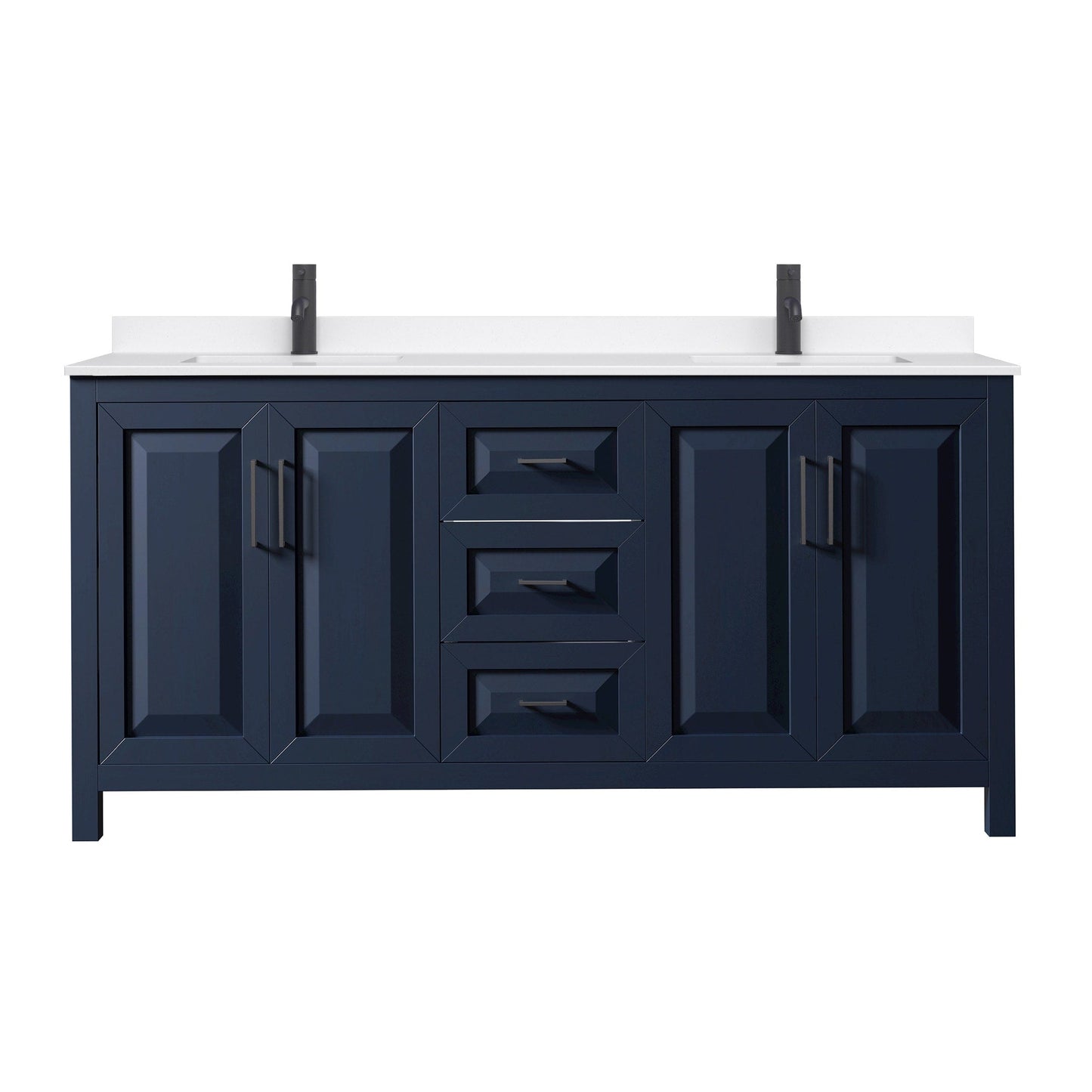 Wyndham Collection Daria 72" Double Bathroom Vanity in Dark Blue, White Quartz Countertop, Undermount Square Sinks (1-Hole), Matte Black Trim