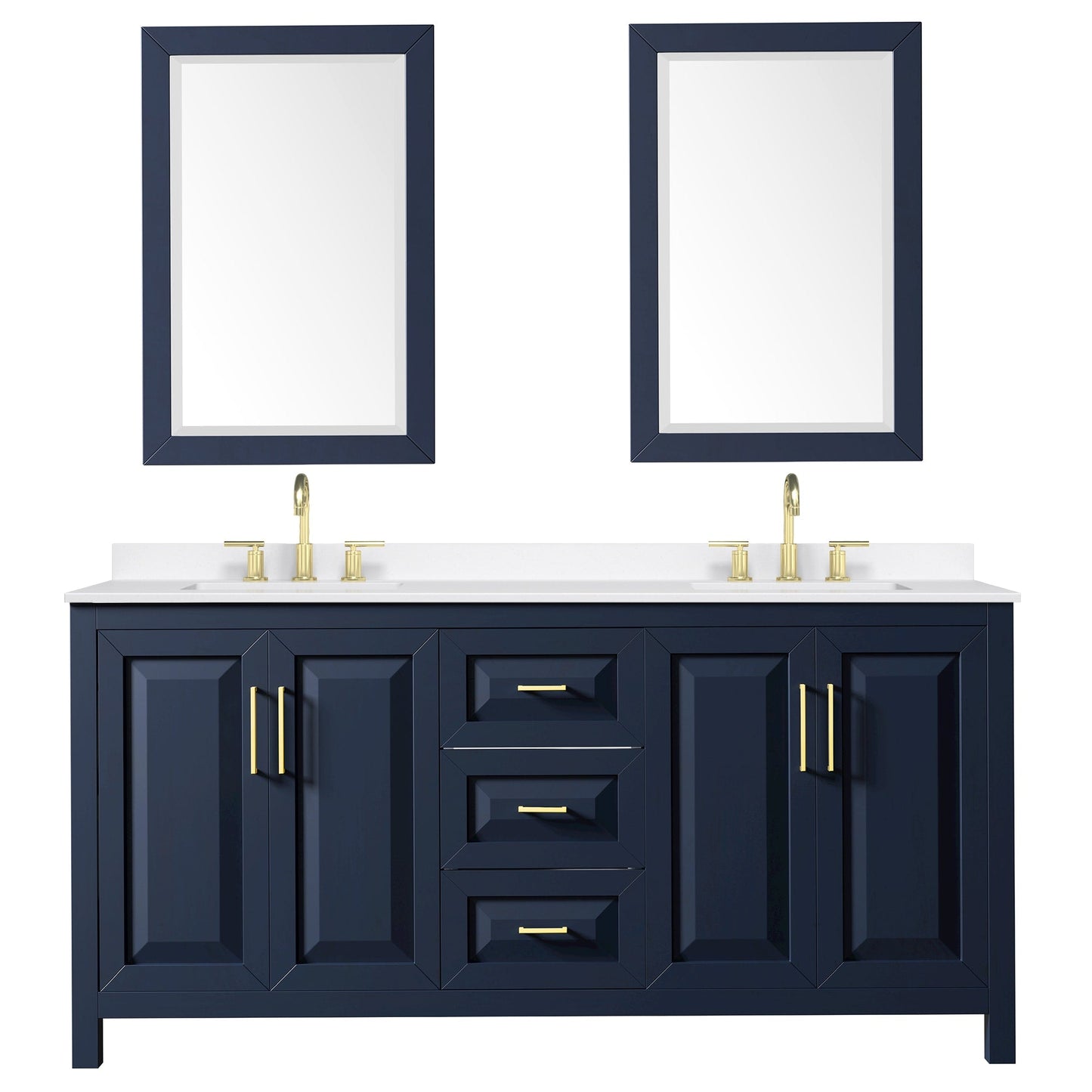 Wyndham Collection Daria 72" Double Bathroom Vanity in Dark Blue, White Quartz Countertop, Undermount Square Sinks (3-Hole), Brushed Gold Trim, 24" Mirrors