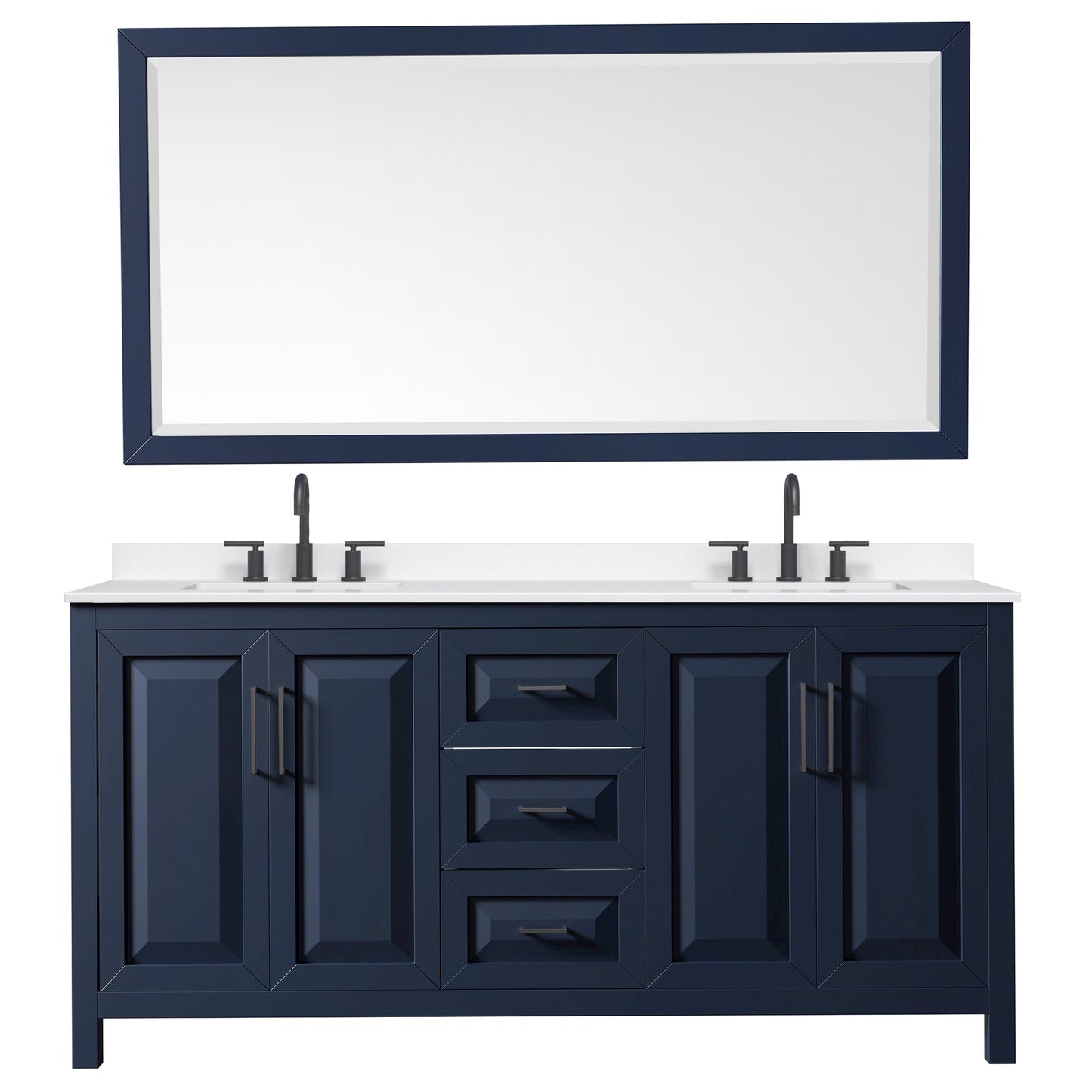 Wyndham Collection Daria 72" Double Bathroom Vanity in Dark Blue, White Quartz Countertop, Undermount Square Sinks (3-Hole), Matte Black Trim, 70" Mirror