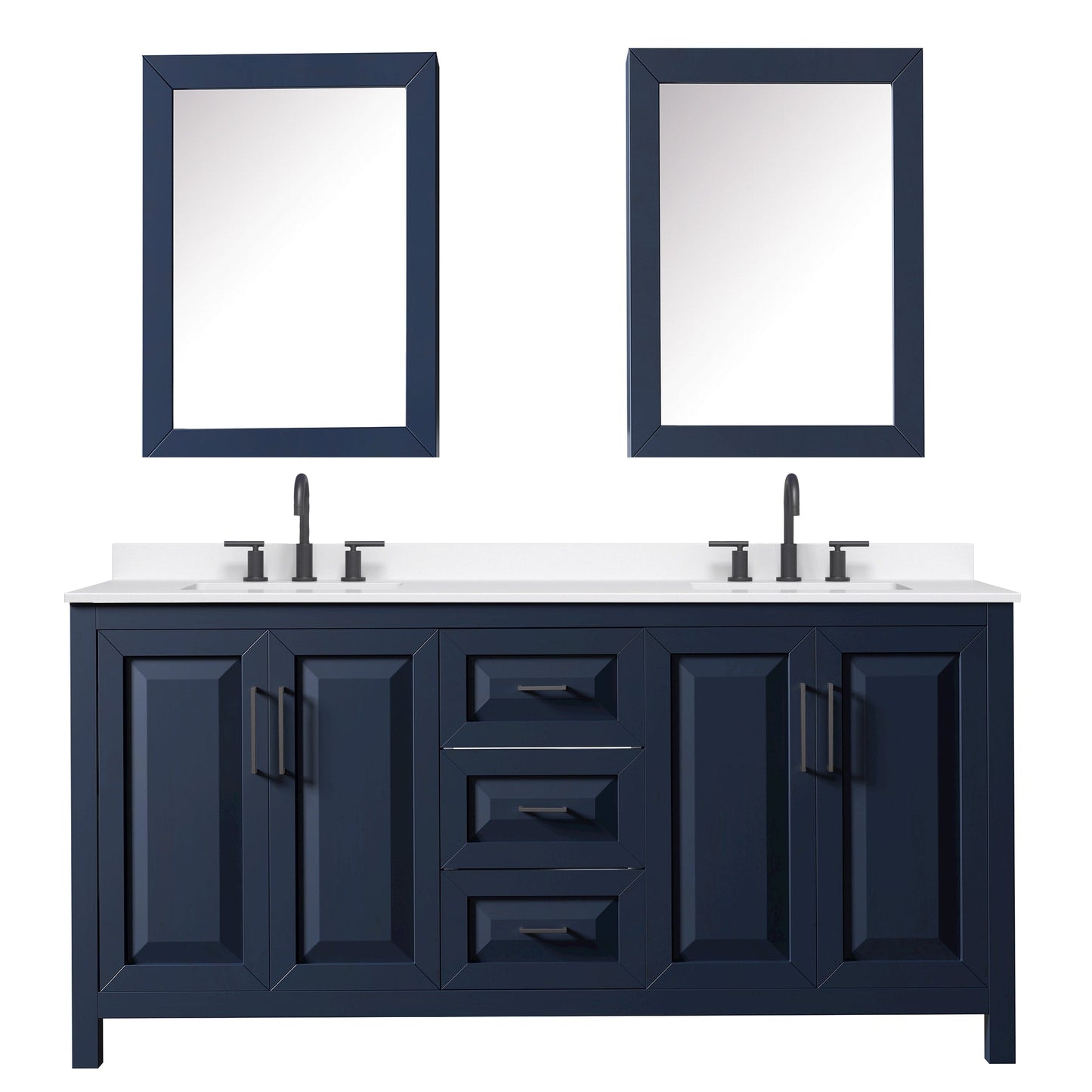 Wyndham Collection Daria 72" Double Bathroom Vanity in Dark Blue, White Quartz Countertop, Undermount Square Sinks (3-Hole), Matte Black Trim, Medicine Cabinets