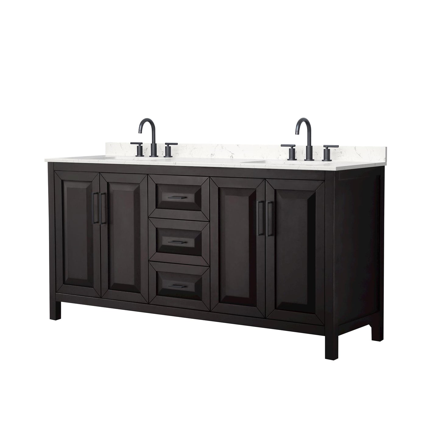 Wyndham Collection Daria 72" Double Bathroom Vanity in Dark Espresso, Carrara Cultured Marble Countertop, Undermount Square Sinks (3-Hole), Matte Black Trim